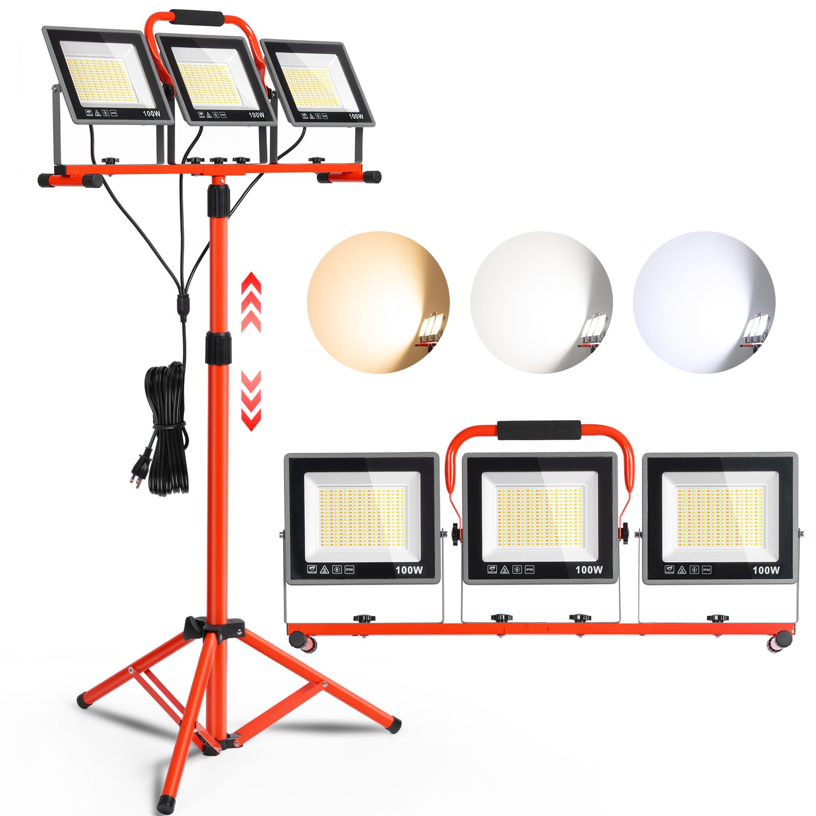 GoBright 31000LM LED Work Lights with Tripod Stand, 3 Head, IP66 Waterproof, 3000K/5000K/6500K Adjustable, Red, Model RV-A