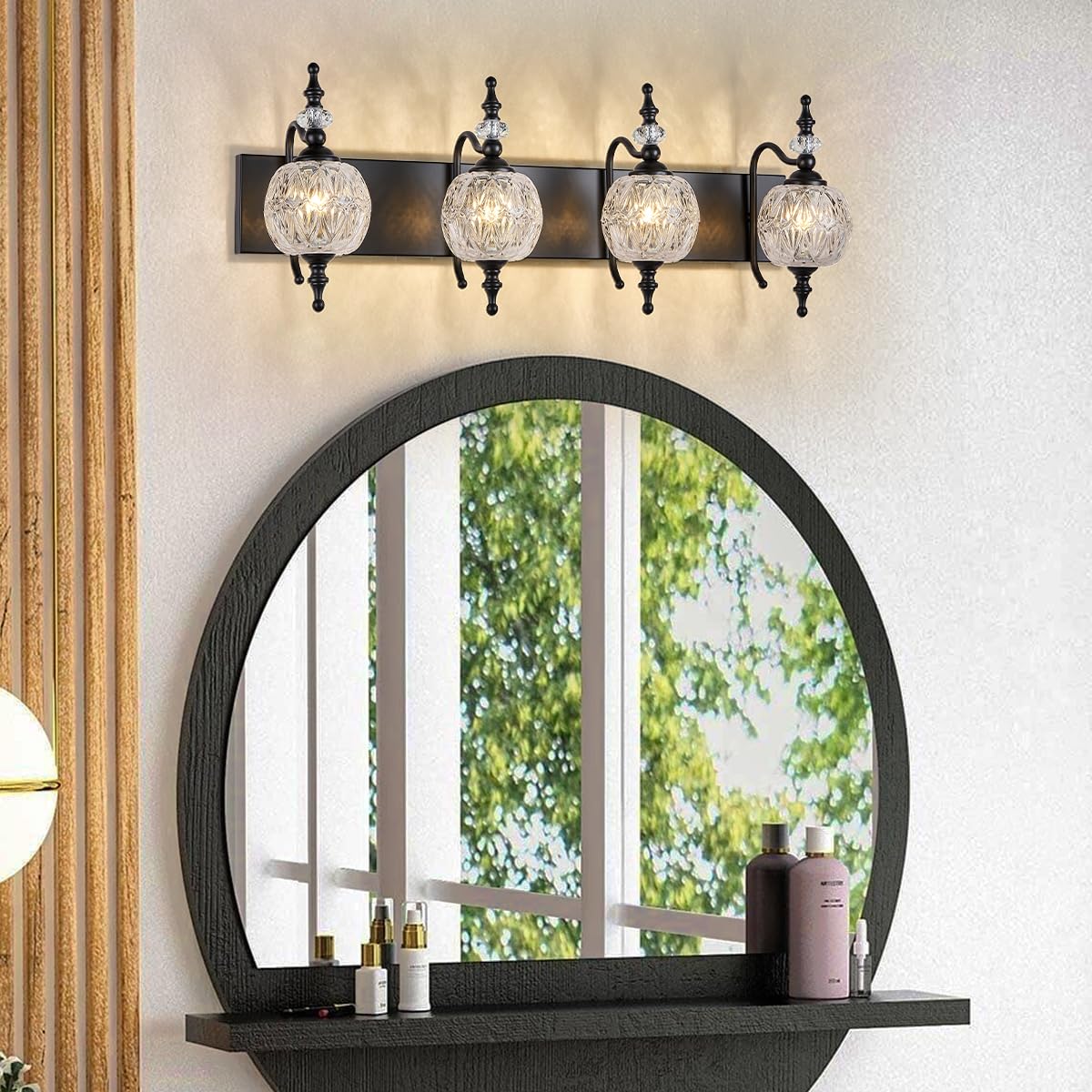 TLOLGT Bathroom Vanity Light Fixtures, 4 Lights, Black Glass Shade, Model W555-4B