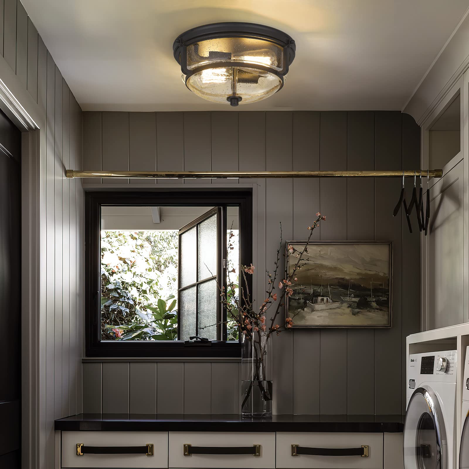 Emliviar 12&quot; Black Flush Mount Ceiling Light With Seeded Glass Shade For Indoor/Outdoor Use