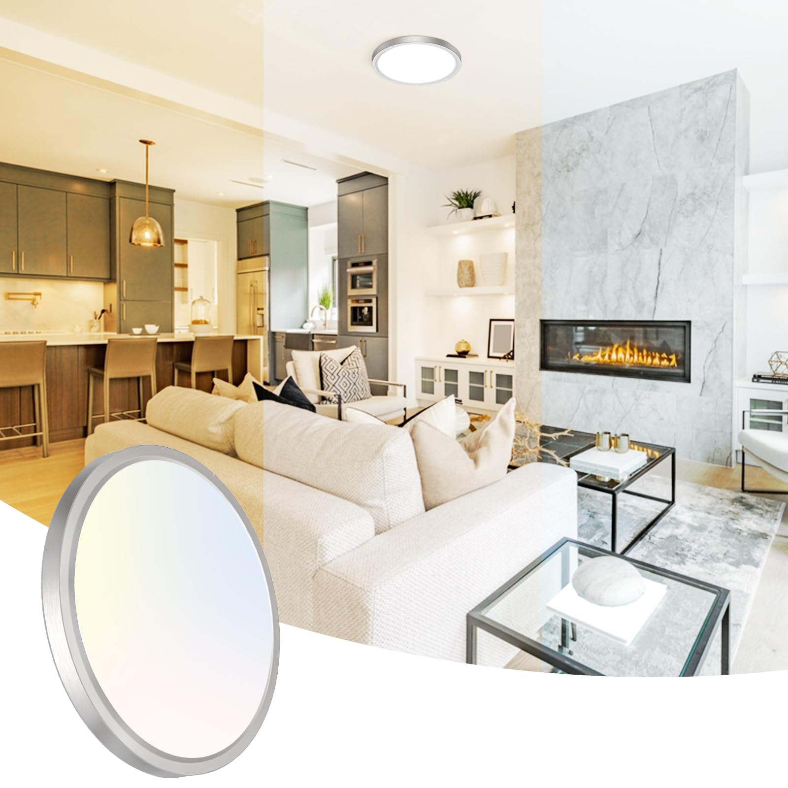 Peasur 7 Inch Satin Round Lighting Brushed Nickel, 15W LED Slim Flush Mount Ceiling Light,3000K/4000K/6500K Adjustable, Modern L