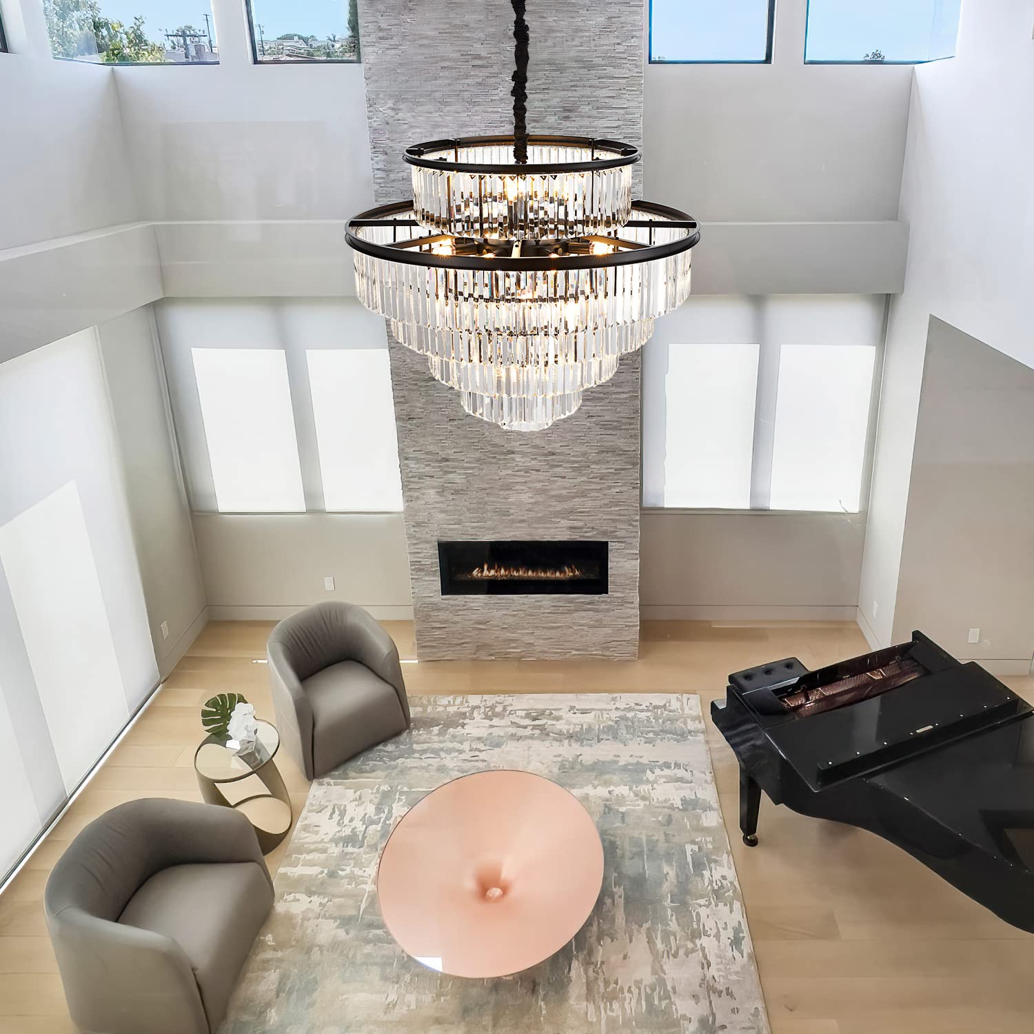 lighceac 35" 24-Light Modern Crystal Chandelier, Black Metal, 6-Tier Pendant Lighting for Dining Room, Living Room, Kitchen