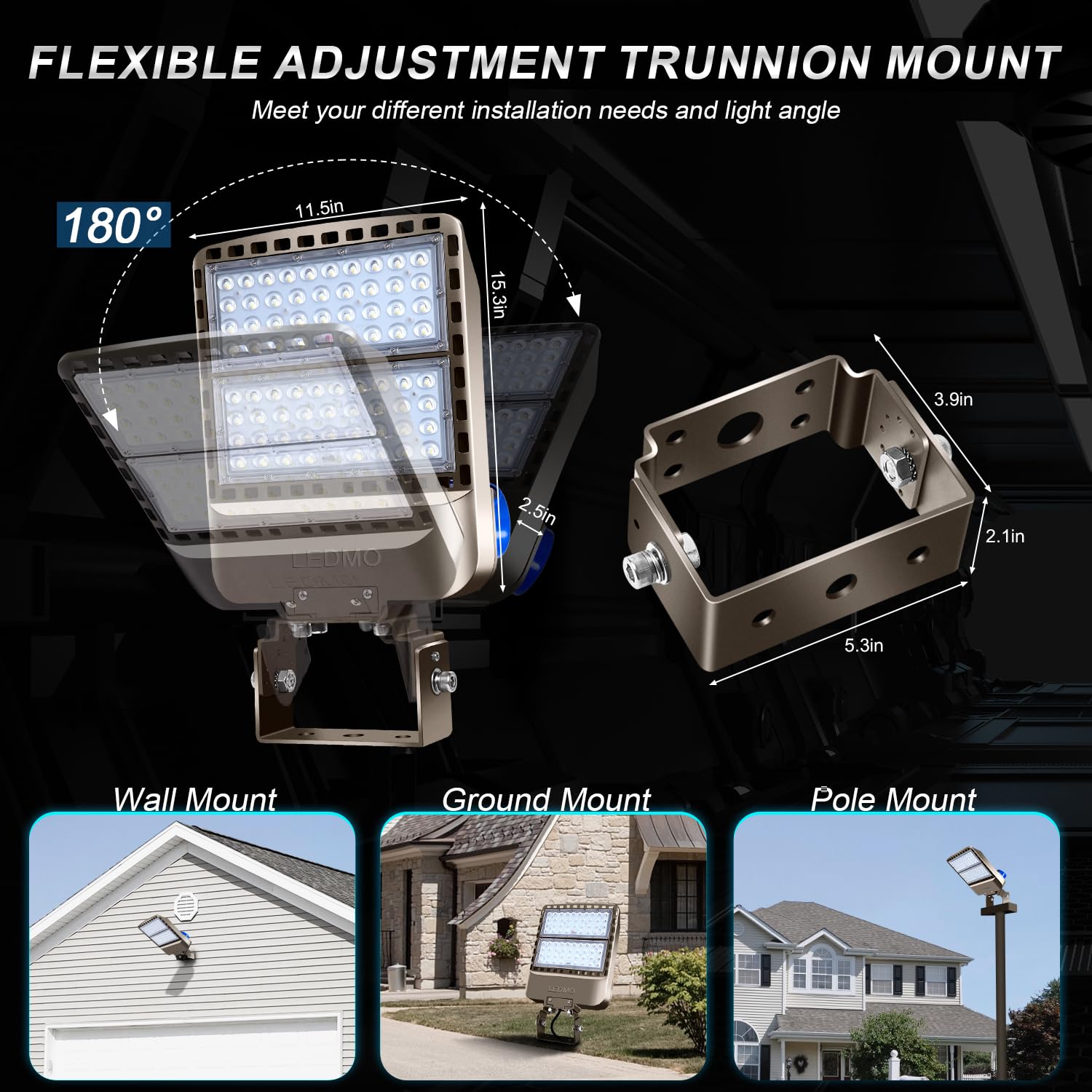 LEDMO 200W LED Parking Lot Lights, Adjustable Trunnion Mount, Dusk to Dawn, Antirust Aluminum, 5000K, Brown, Model 1511