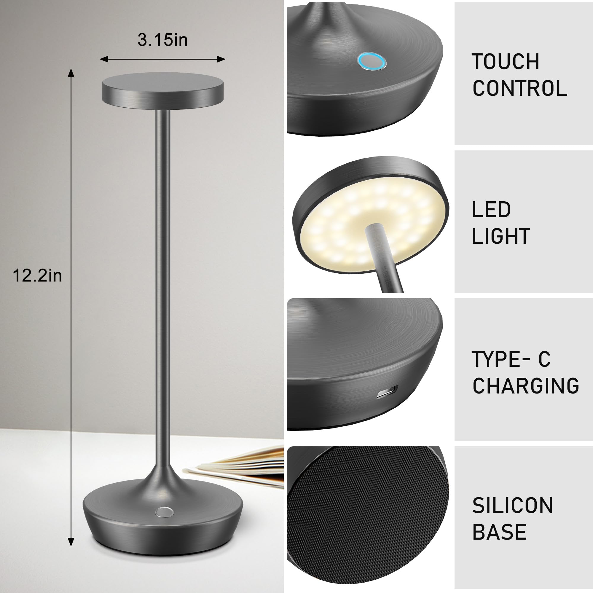 Willdoak Cordless Outdoor Table Lamps - Rechargeable Led Touch Dimmable Waterproof (2 Grey)
