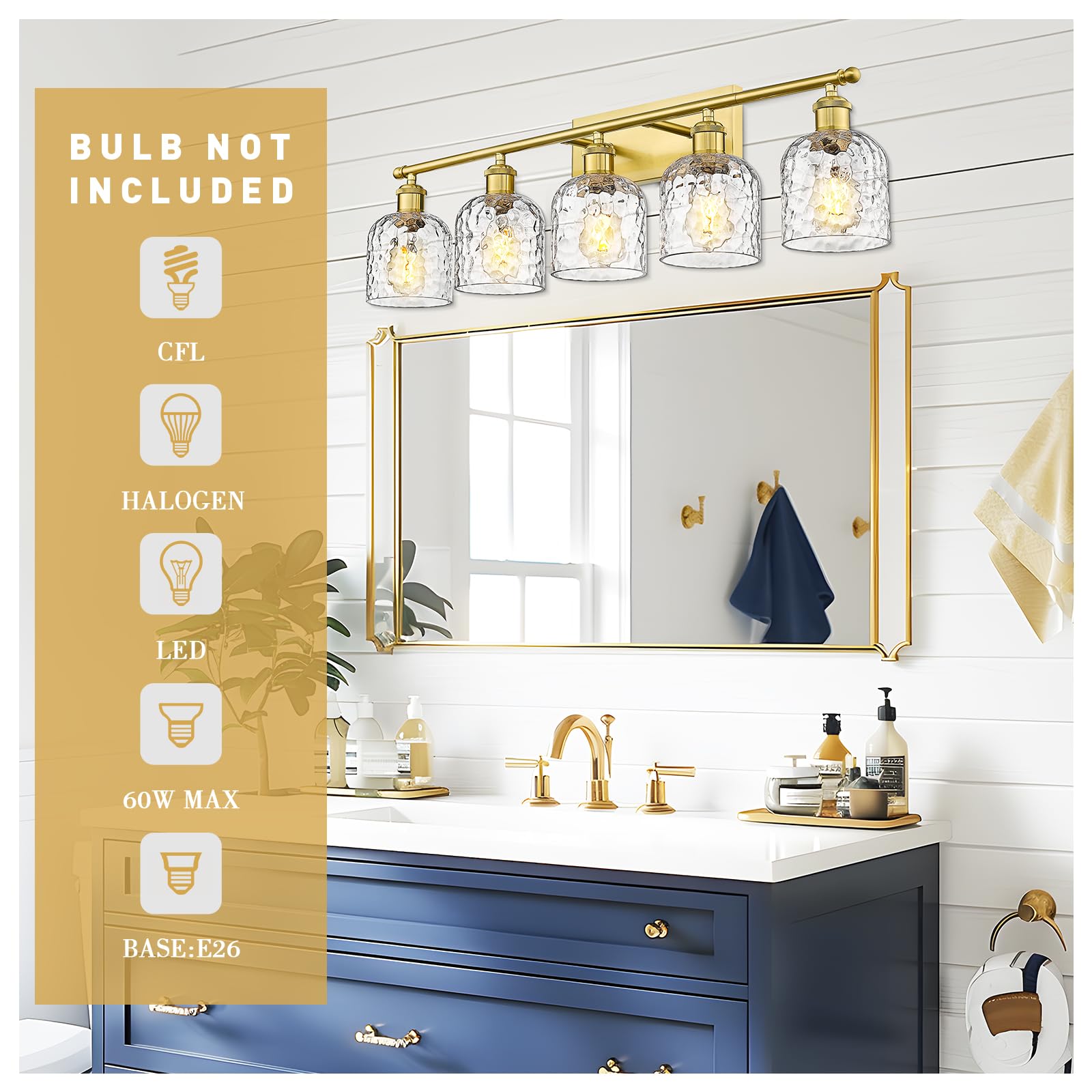 Zeyu 34.8'' Gold Bathroom Wall Light, 5 Light Bathroom Vanity Light For Mirror Living Room, Brushed Gold Finish With Clear Hamme