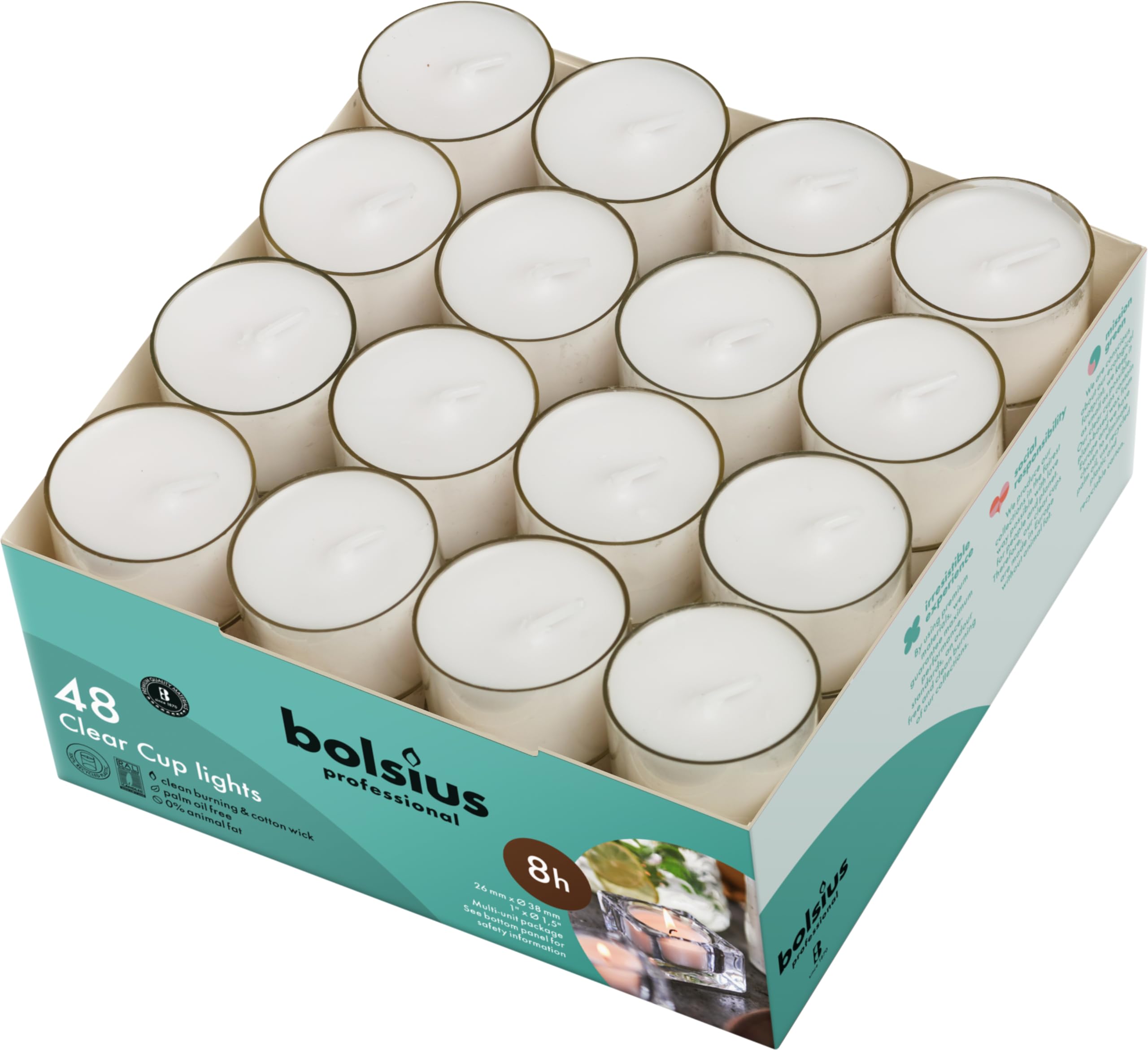 Bolsius 48 Unscented Tea Lights In Clear Cups - 8 Burn Hours - Premium European Quality - Consistent Smokeless Flame - 100% Cotton Wick - Dinner, Wedding, Party, Spa, Church, & Home Décor Tealights