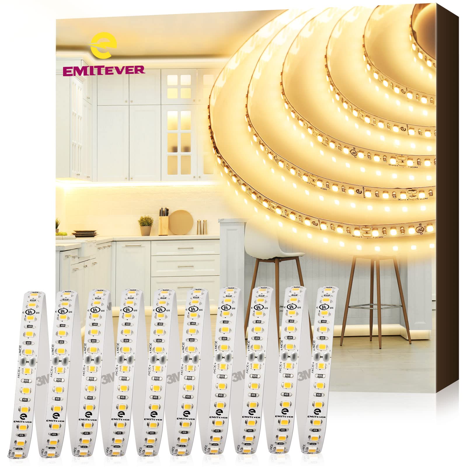 Emitever Led Strip Lights 3000K, Ul 24V Led Tape Light Warm White, Ra 95+, Ip30, 32.8Ft, 2.9W/Ft, 240+Lumens/Ft, 1200Leds/Spool,