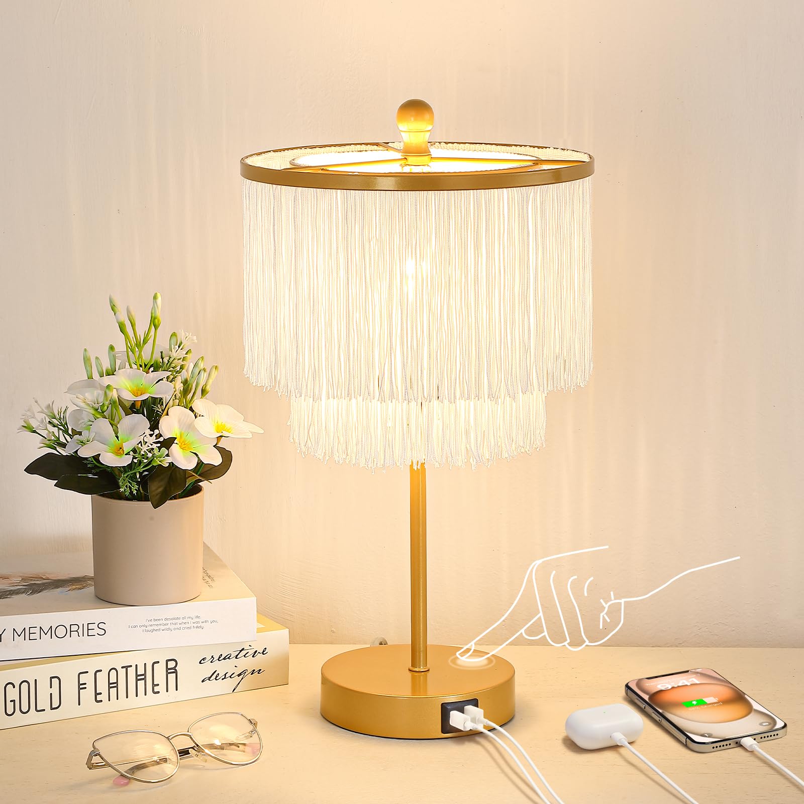Lovlast Boho Lamp for Bedroom, 3-Way Dimmable Bedside Touch Lamp with USB Charging Port, Gold Table Lamp, Fringe Boho Table Lamp