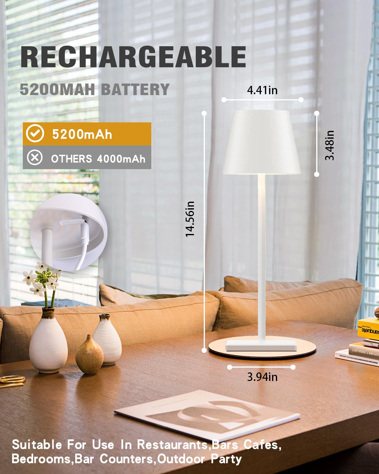 Nerefou Cordless Table Lamp,5200Mah Battery Operated Lamp,Ip54 Outdoor Table Lamp Waterproof,3 Color Stepless Dimming For Restau
