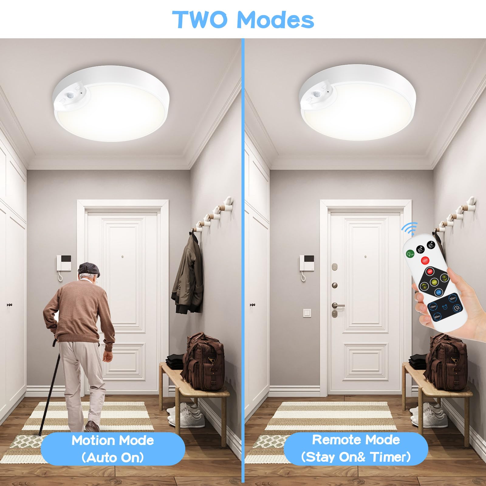 WhitePoplar Rechargeable Motion Sensor Light, 3 Colors Dimmable, Battery Operated, Wireless Ceiling Lights, 7.4inch, 2 Pack, White