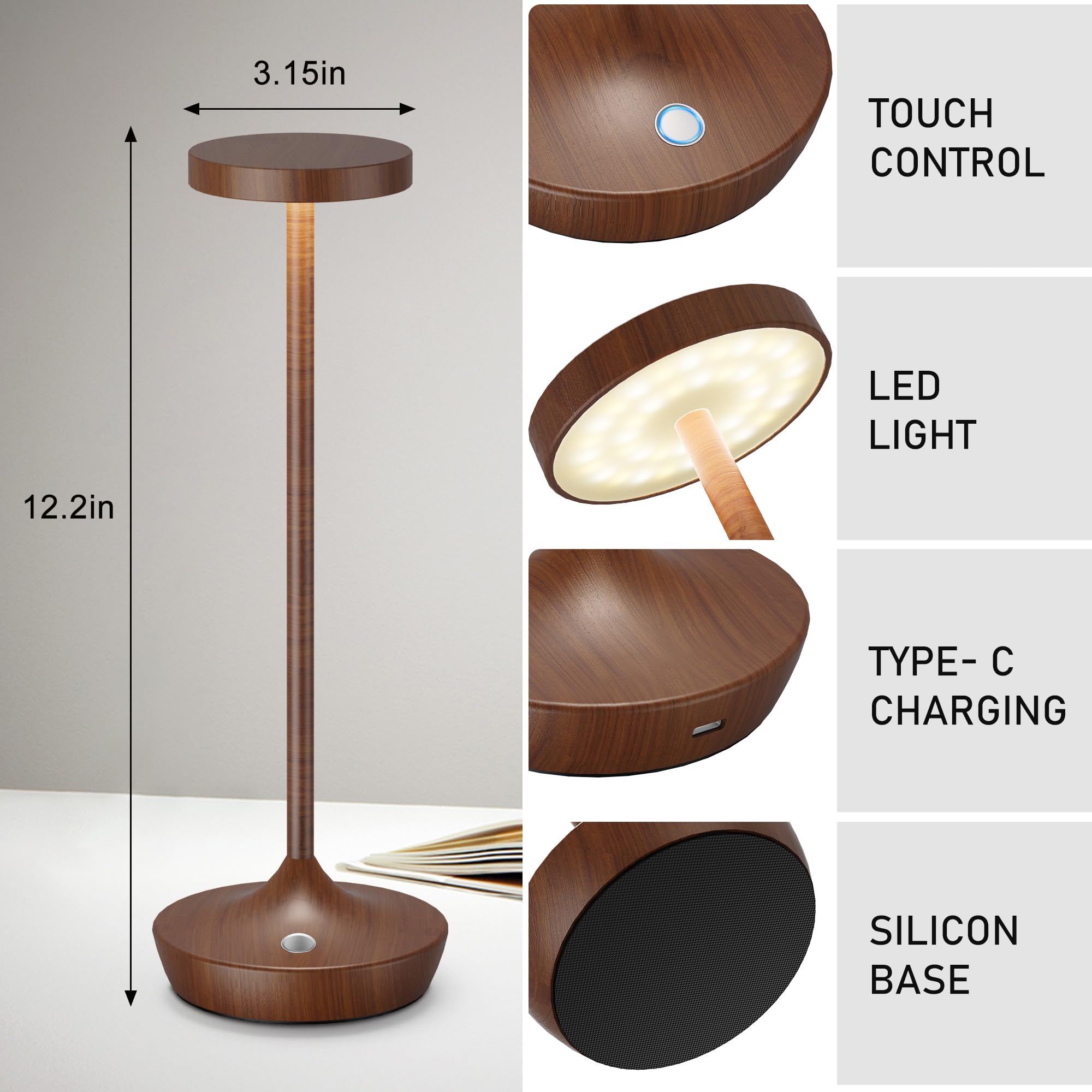 Willdoak Cordless Table Lamp - 6000mAh LED, Touch Dimmable, Waterproof, Woodgrain, Model X86, Rechargeable for Outdoor Use