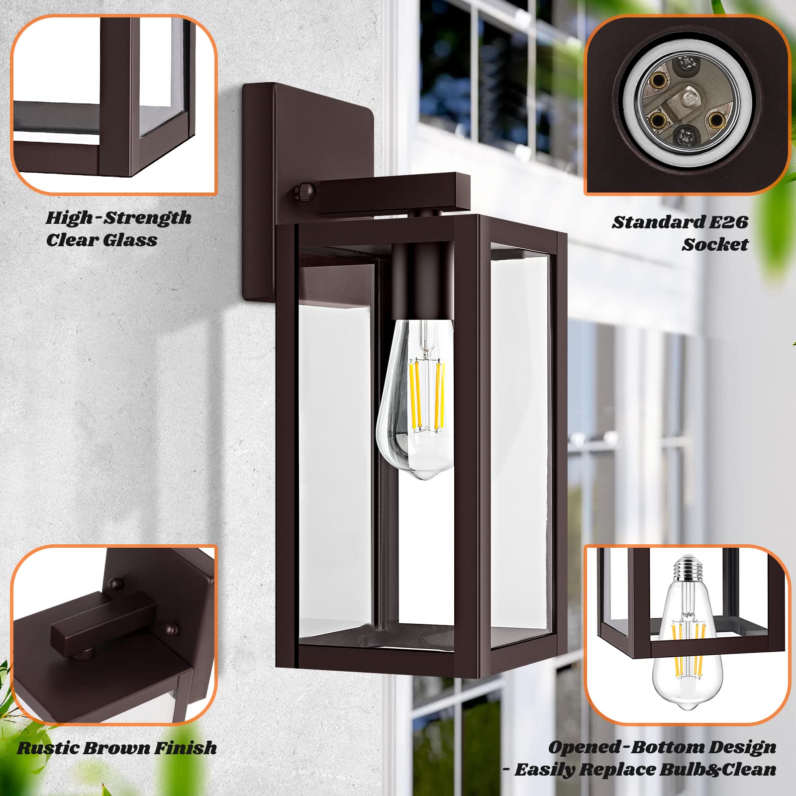 Brightever 2-Pack Outdoor Wall Light Fixtures, Waterproof Metal Lanterns, 12.5 Inch, Brown, Model B04018P(2PK)-ORB
