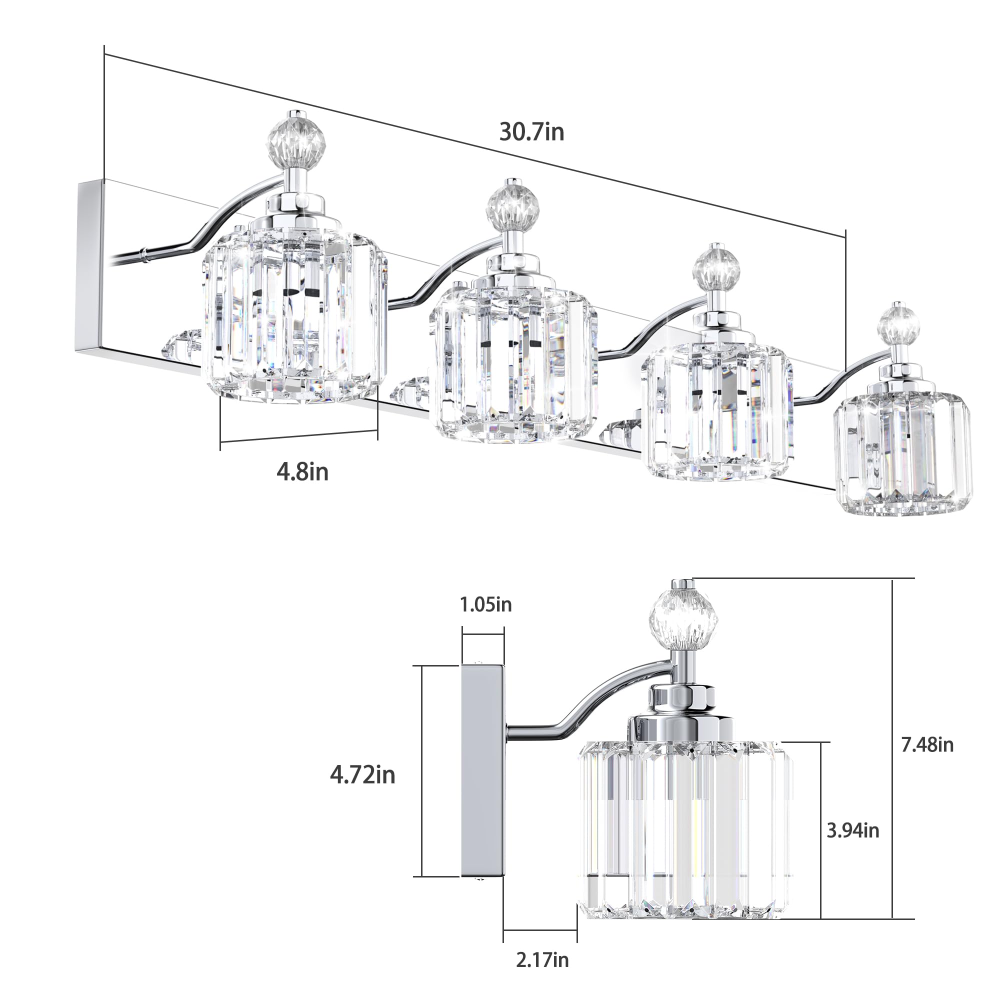 Danshinro 4-Light Chrome Bathroom Vanity Light with Crystal Sheets, E12 Base, Model L19