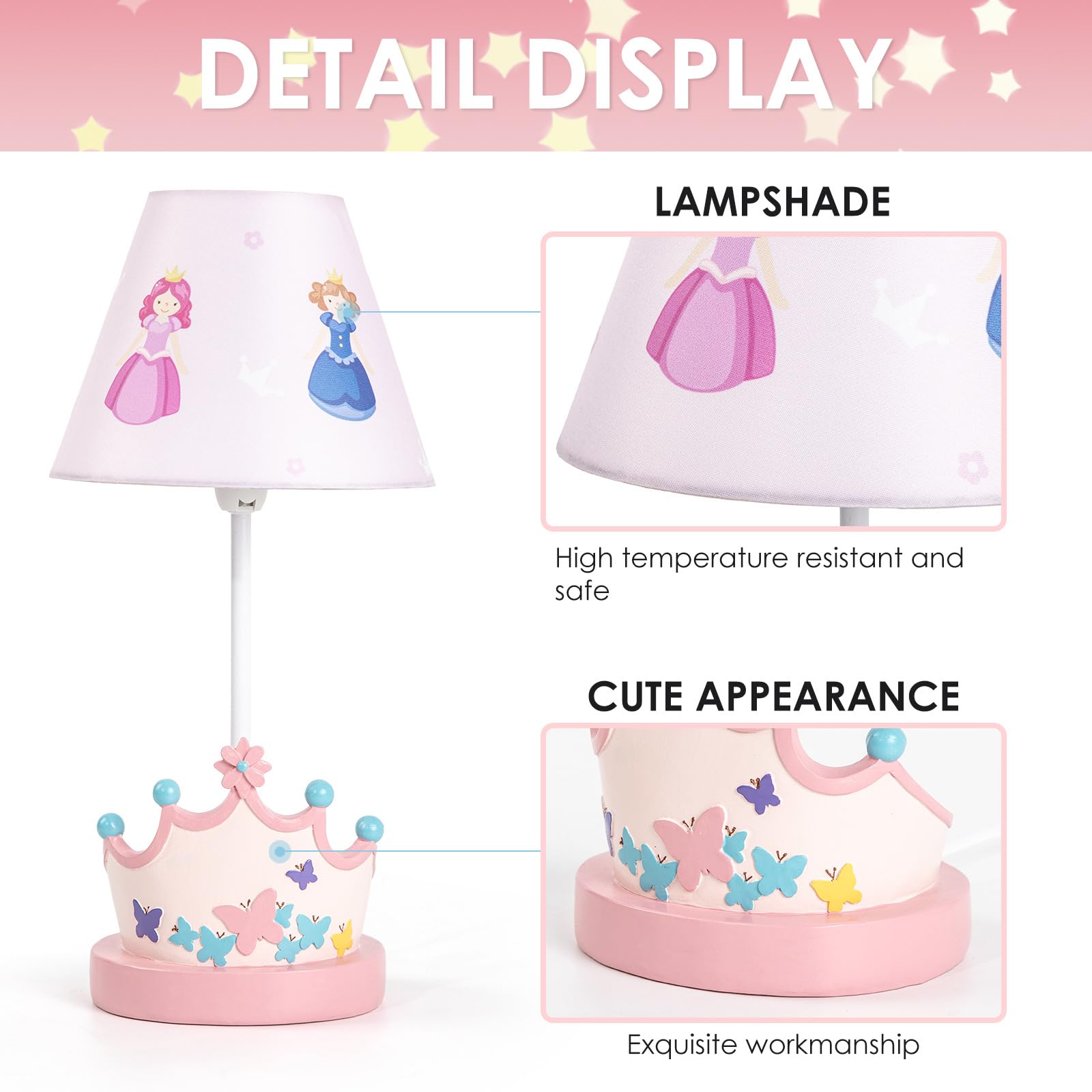 HERBESTBAY Kids Table Lamp - 16" Princess Crown Style Desk Lamp, Pink, Includes LED Bulb, Ideal for Girls Bedroom Decor, Model XZ-PC805