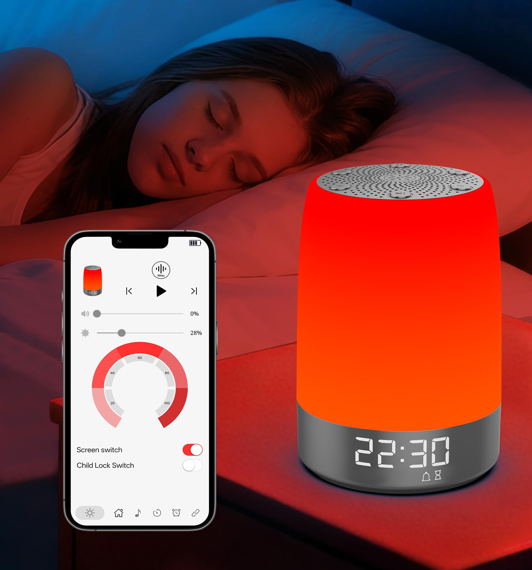 Anweller Smart Red Light Therapy Sleep Device White Noise Sound Machine with 5-Level Red Night Light (620-690nm) 32 White Noise 