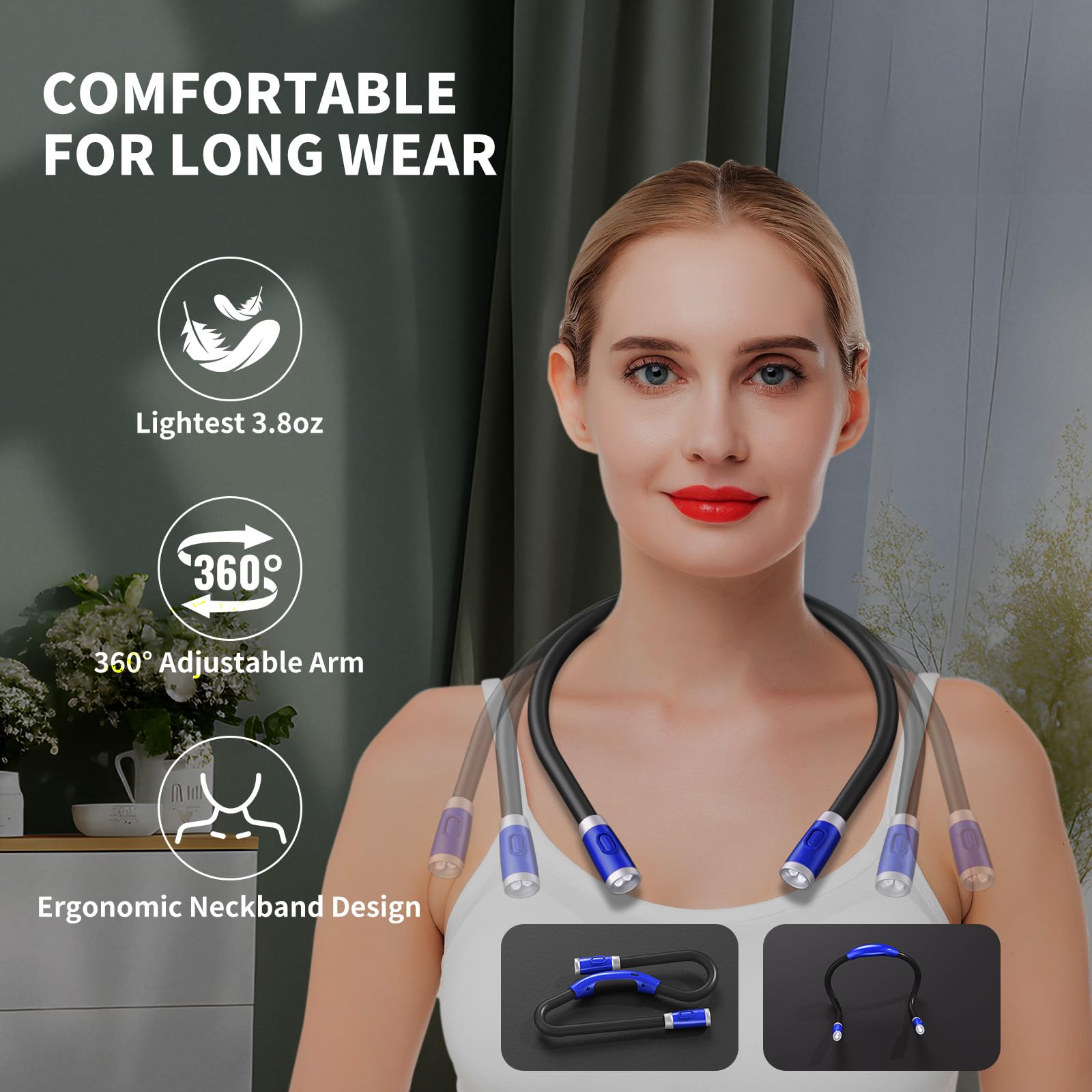 LUXJET Book Light - USB Rechargeable, Adjustable Brightness, 360° Flexible Arm, Cold White Light, Dark Blue, Model LXJ-Book Lights