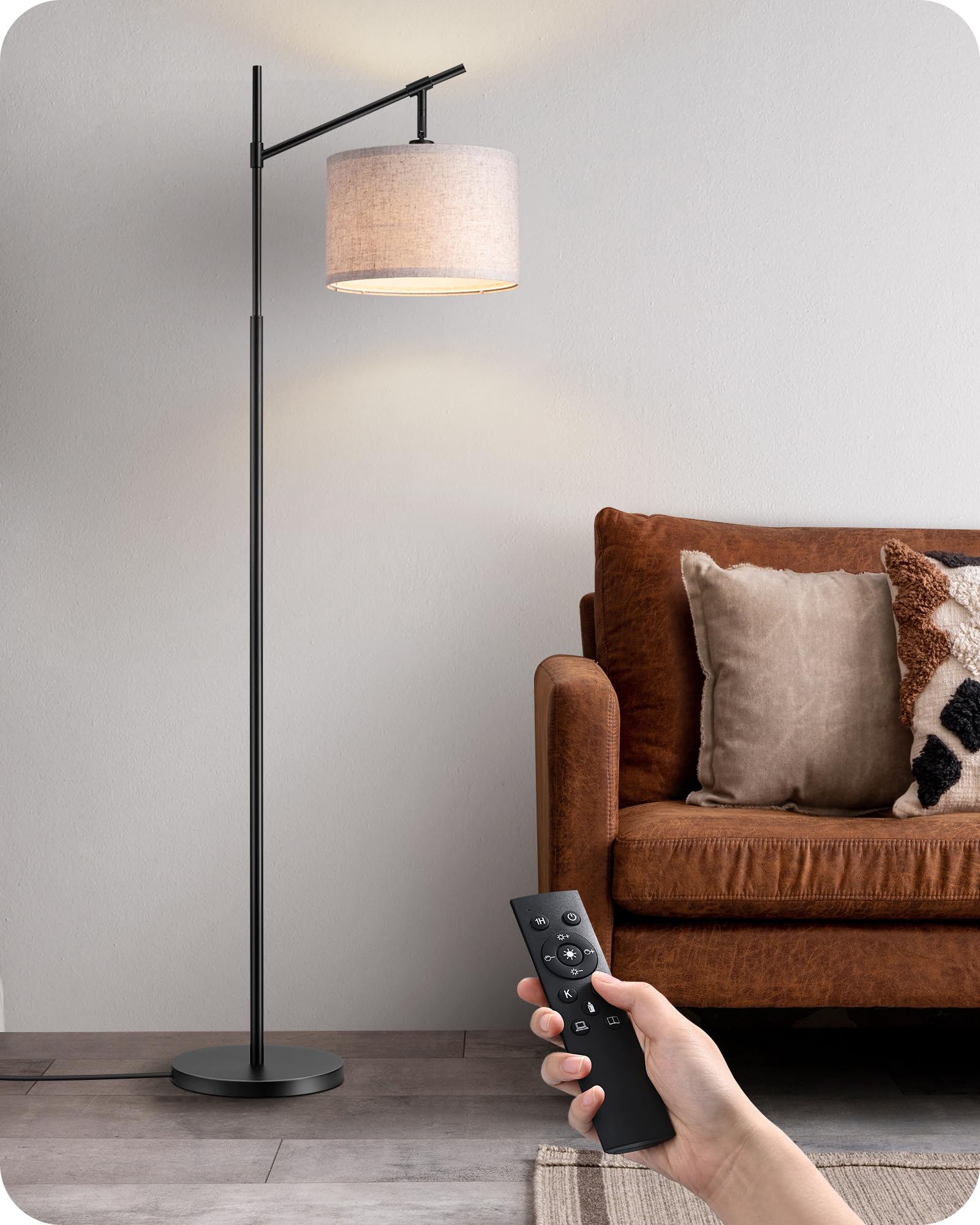EDISHINE Modern Dimmable Floor Lamp, 63.8in Black Metal Standing Lamp with Remote Control, E26 Socket, Beige Shade