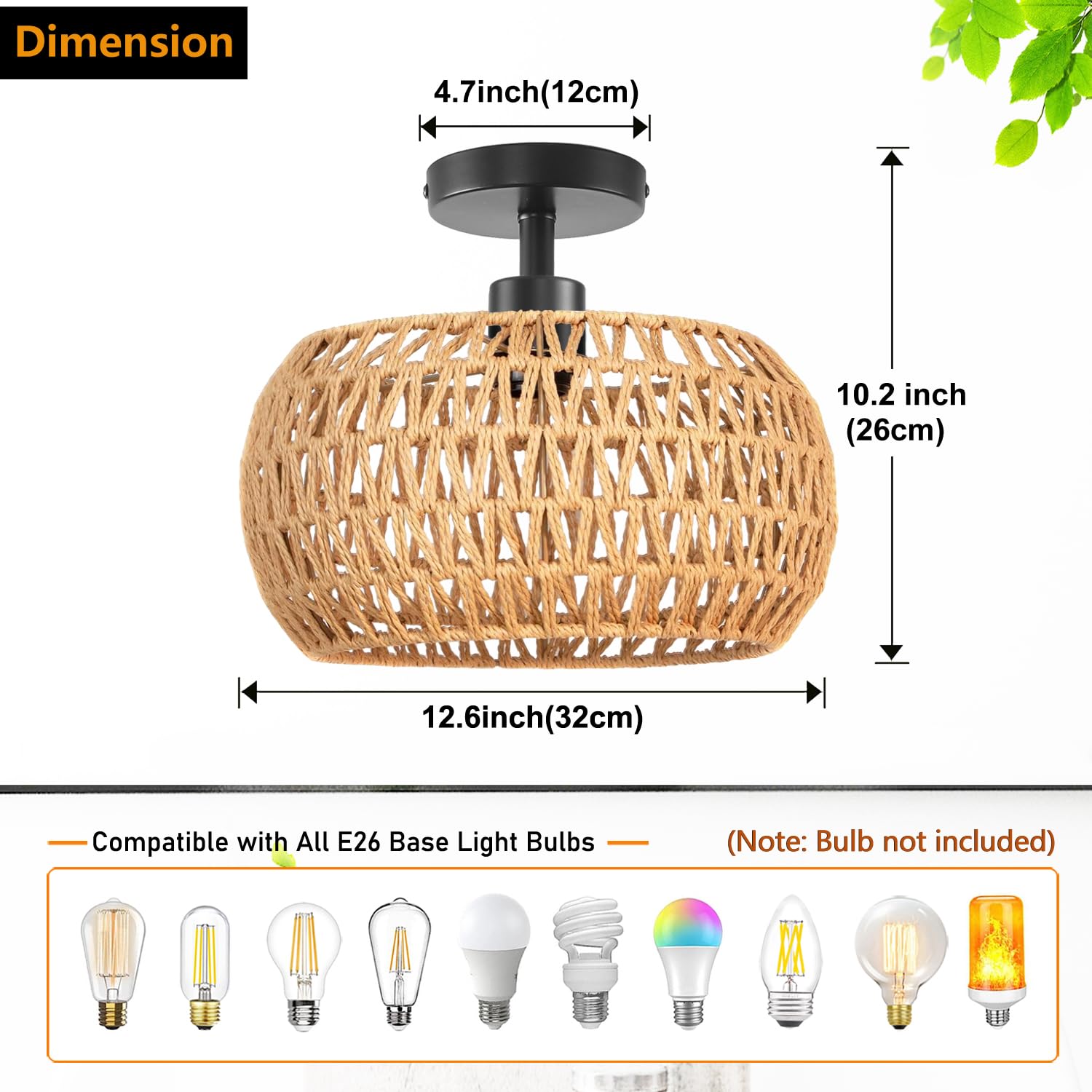 KOONTING Semi Flush Mount Ceiling Light, Hand Woven Rattan, 12.6 in Boho Shade, Brown, Model guu331