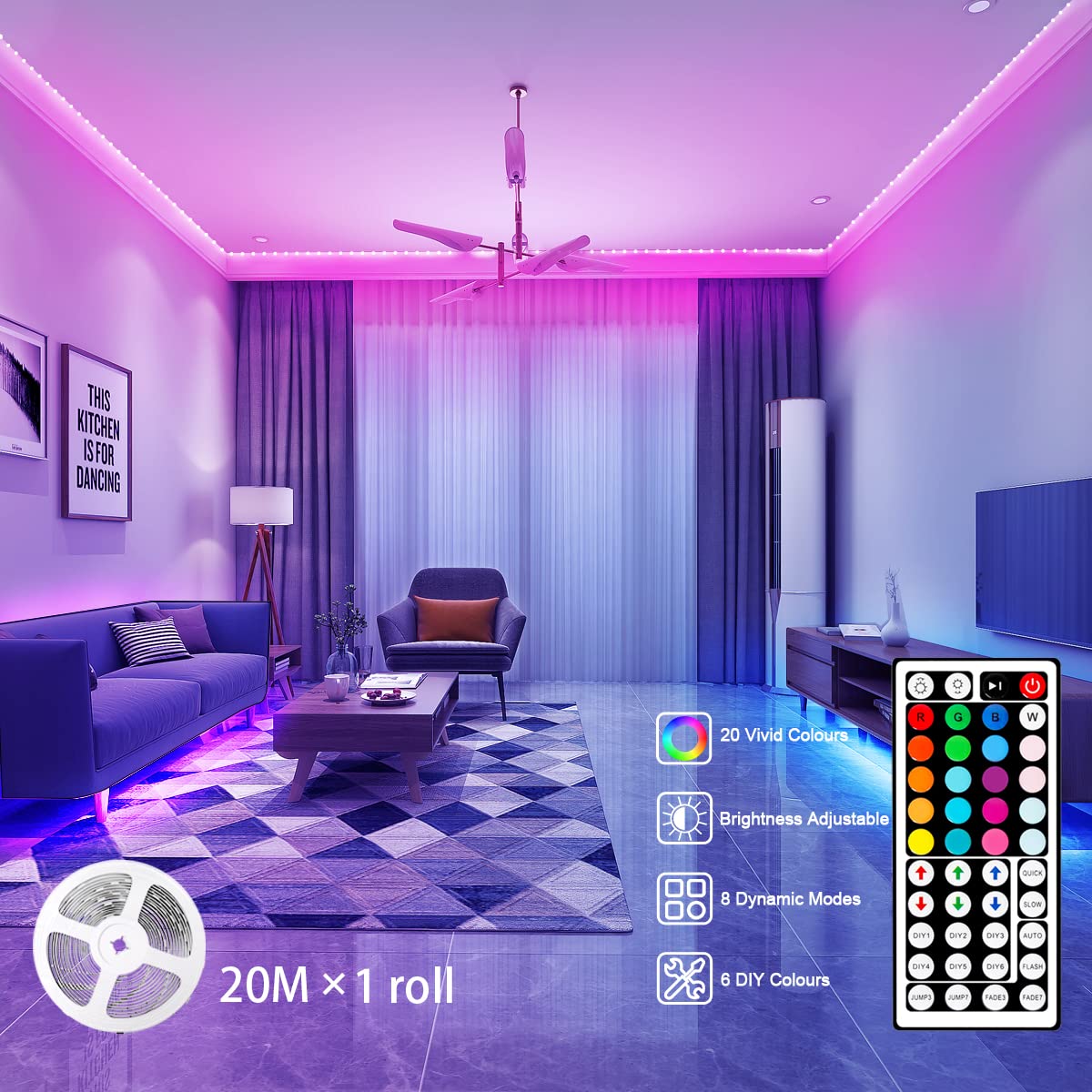 IKERY LED Strip Lights, 65.6ft RGB Color Changing, Cuttable & Dimmable, PVC Material, 44-Key Remote, Ideal for Home & DIY Decor