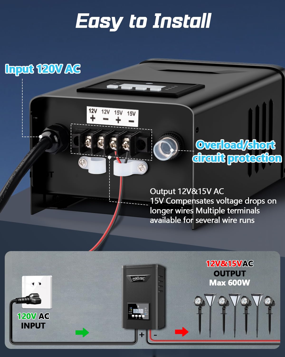 HIBOITEC 600W Low Voltage Landscape Transformer with Photocell Sensor & Timer, Weatherproof AC 12V/15V Model BYQ-600W