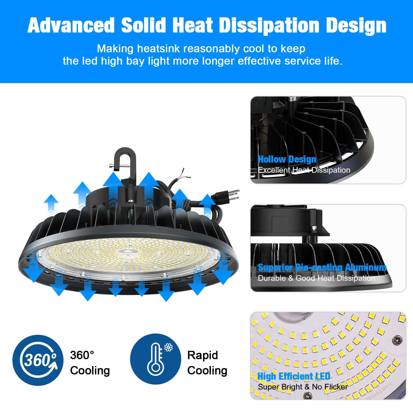 G Gjia 400W Super Bright Led High Bay Lights, 60,000Lm 100-277V, 5000K, 0-10V Dimmable Ufo High Bay Led Shop Lights, Us Plug 6'