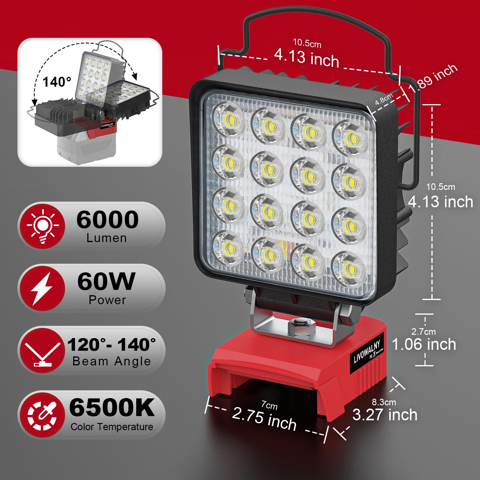 Livowalny Portable Led Work Light For Milwaukee 18V Battery, 60W 6000Lm Cordless Flood Lights With Low Voltage Protection And Us