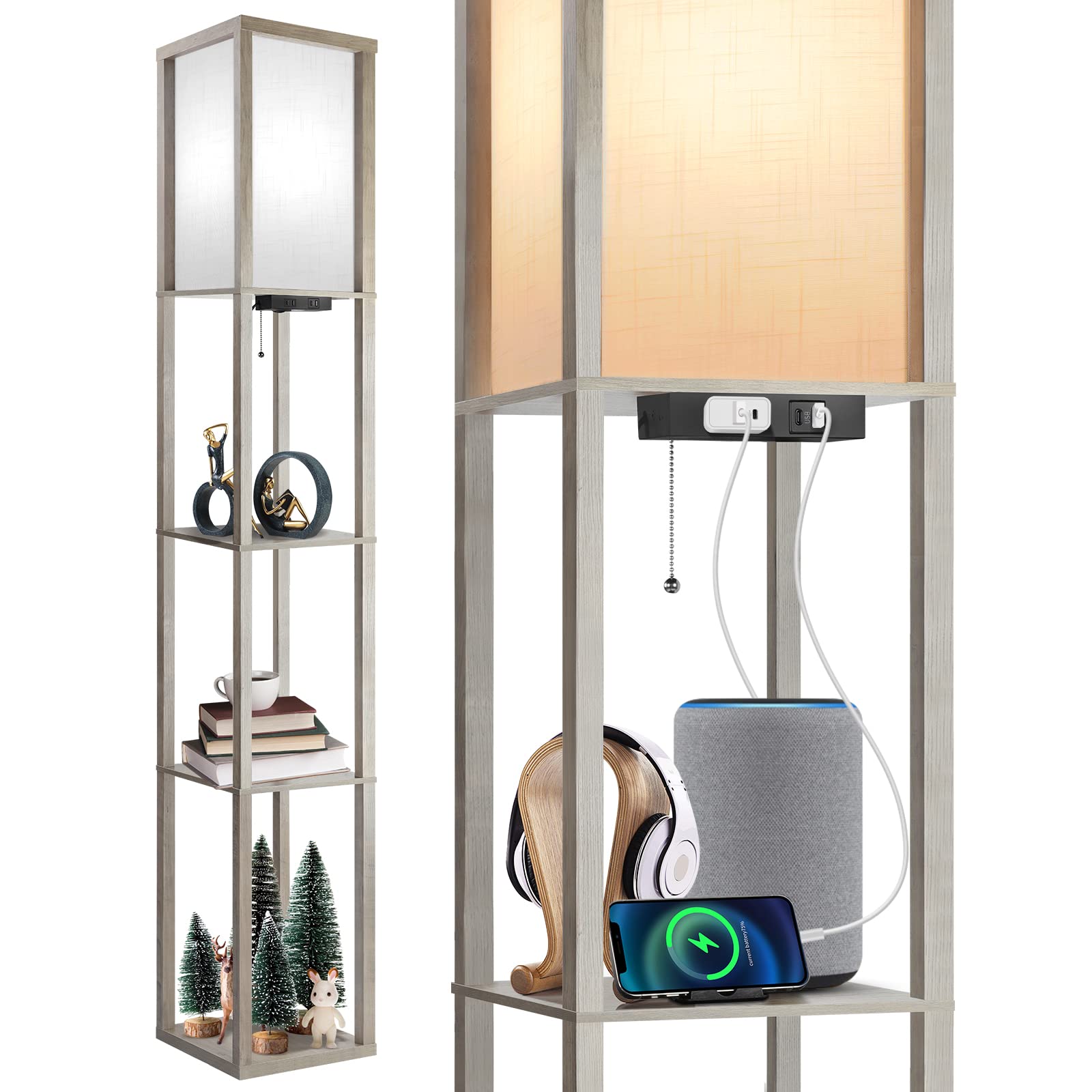 Outon Floor Lamp With Shelves, Led Modern Shelf Floor Lamp With 2 Usb Ports & Power Outlet, 3 Color Temperature, Storage Display Wood Column Standing Tall Lamp For Living Room, Bedroom, Office, Grey