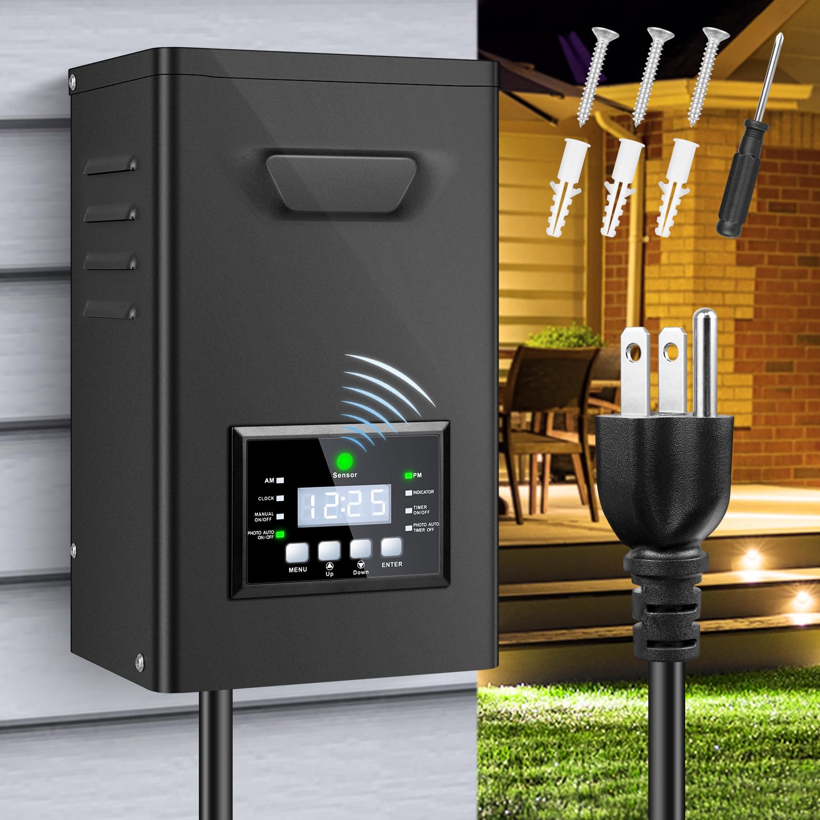 170W Low Voltage Landscape Transformer, Landscape Lighting Transformer with Timer and photocell Sensor, 120V AC to 12V/15V AC Ou