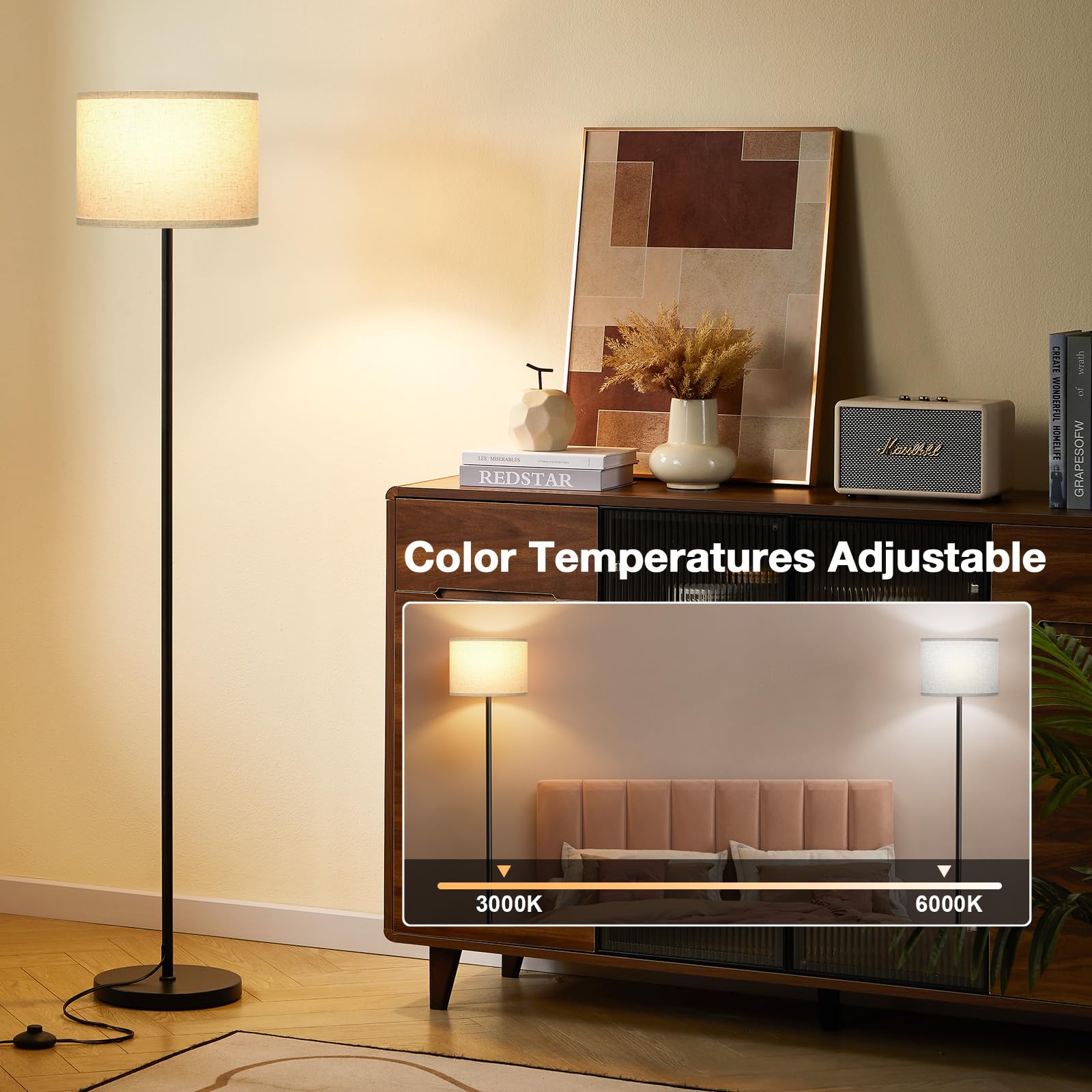 Ambimall 60'' Modern Floor Lamp with Remote, Beige Shade, Black Pole, Metal, Model RPT-ZGB120