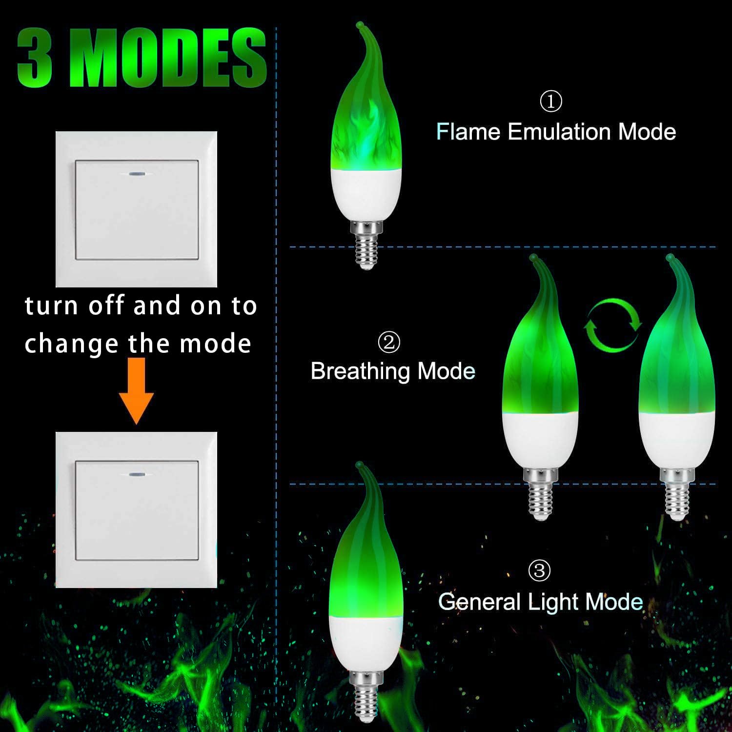 OHLGT E12 Flame Bulbs, 2.0 Watt LED Candelabra, Green, 6 Pack, Flame Tip for Christmas Party Decorations
