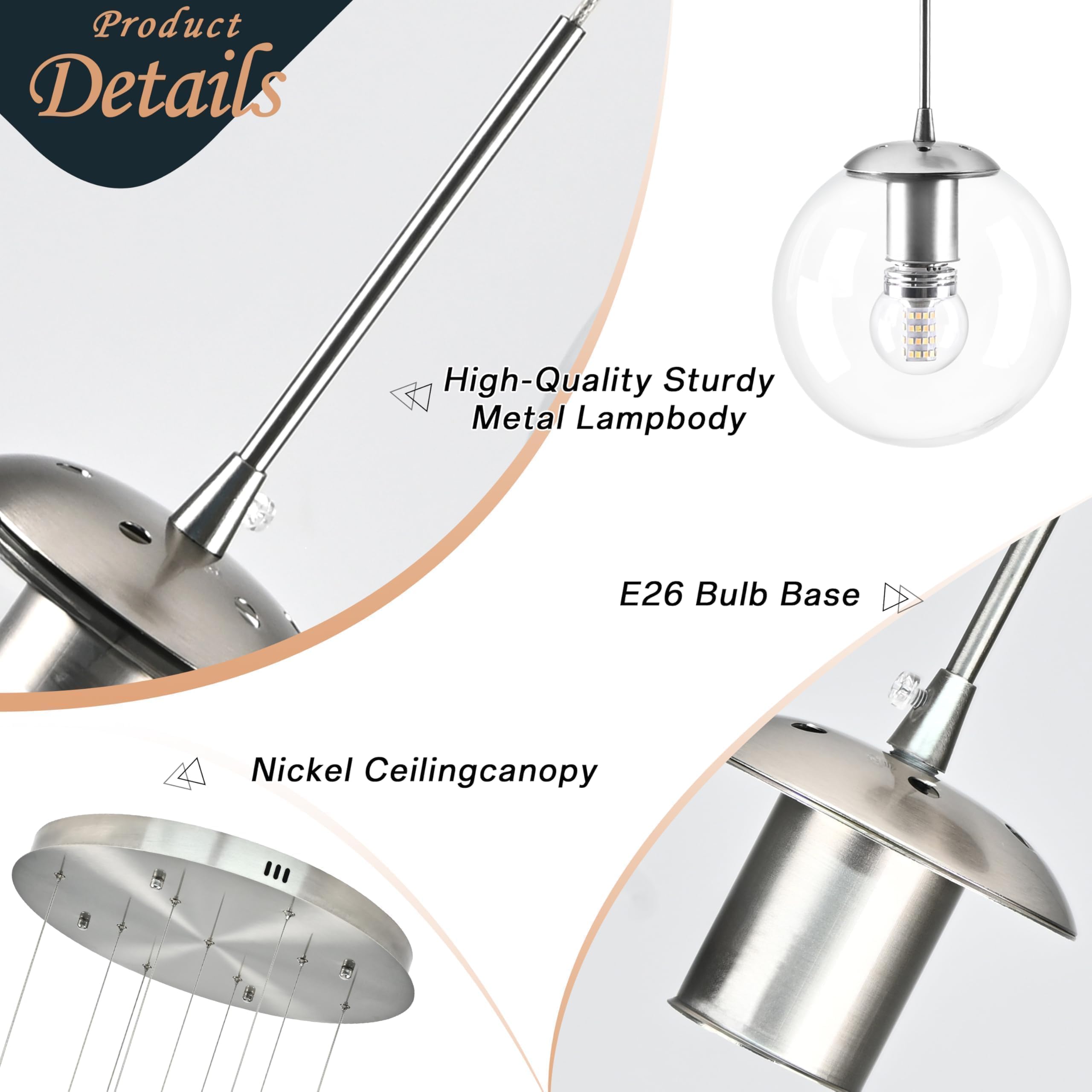 Koko&Yukina 9-Light Globe Glass Pendant Light Adjustable Length Pendant Lights Fixtures Modern Nickel Clear Globe Glass Chandeli