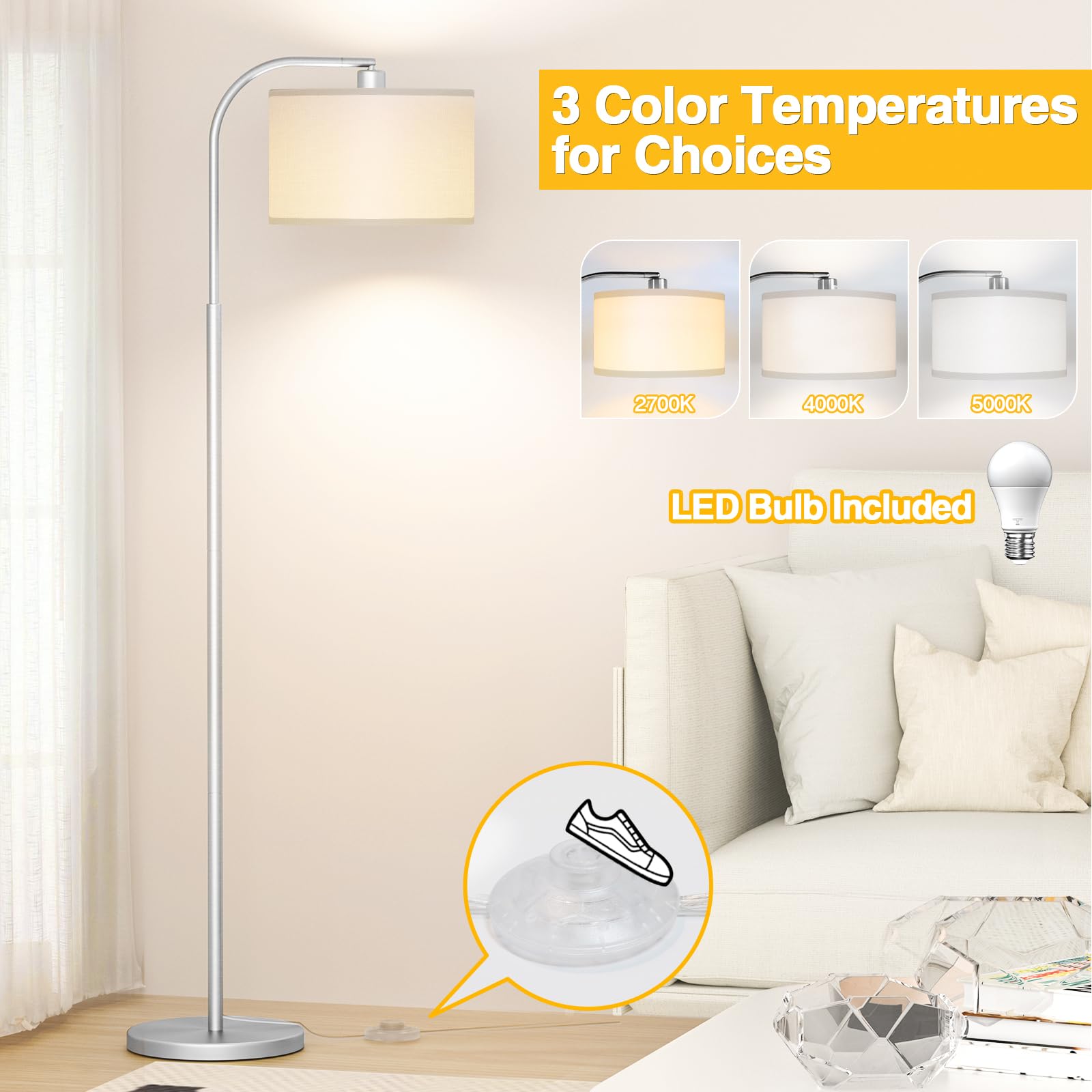 Cnxin Arc Floor Lamps For Living Room With 3 Color Temperatures, Modern Floor Lamp Reading Light With 9W Bulb Included, Standing