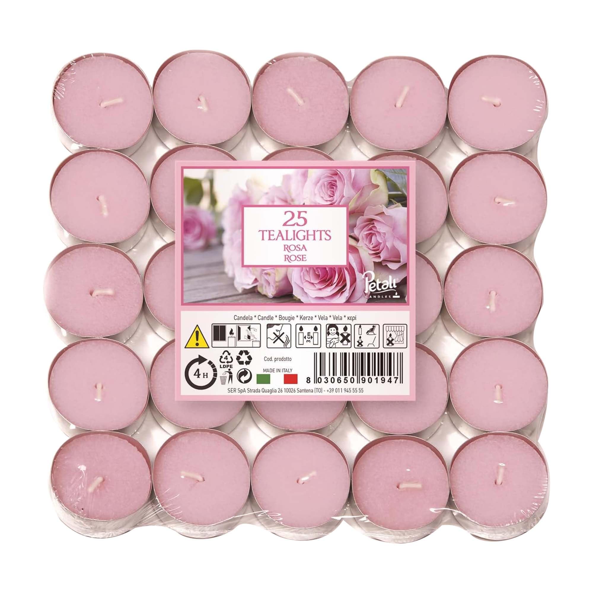 Prices Petali Brand Scented Tealights | 25 Pack Tealights 4 Hour Burn Time | Available in Multiple Scents (Rose)