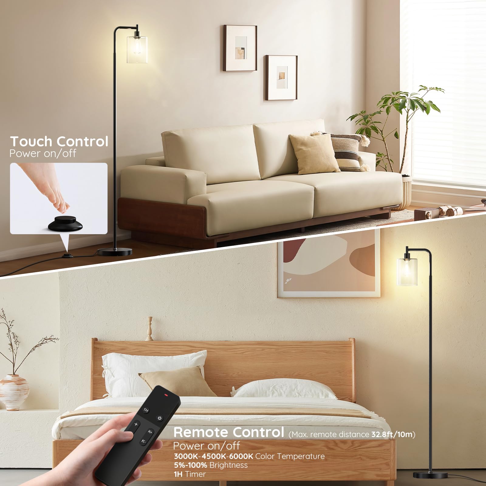 PAZZO Floor Lamp with Remote, Industrial Standing Floor Lamp with Glass Lampshade, Modern Floor Lamp Ideal for Living Room Bedro