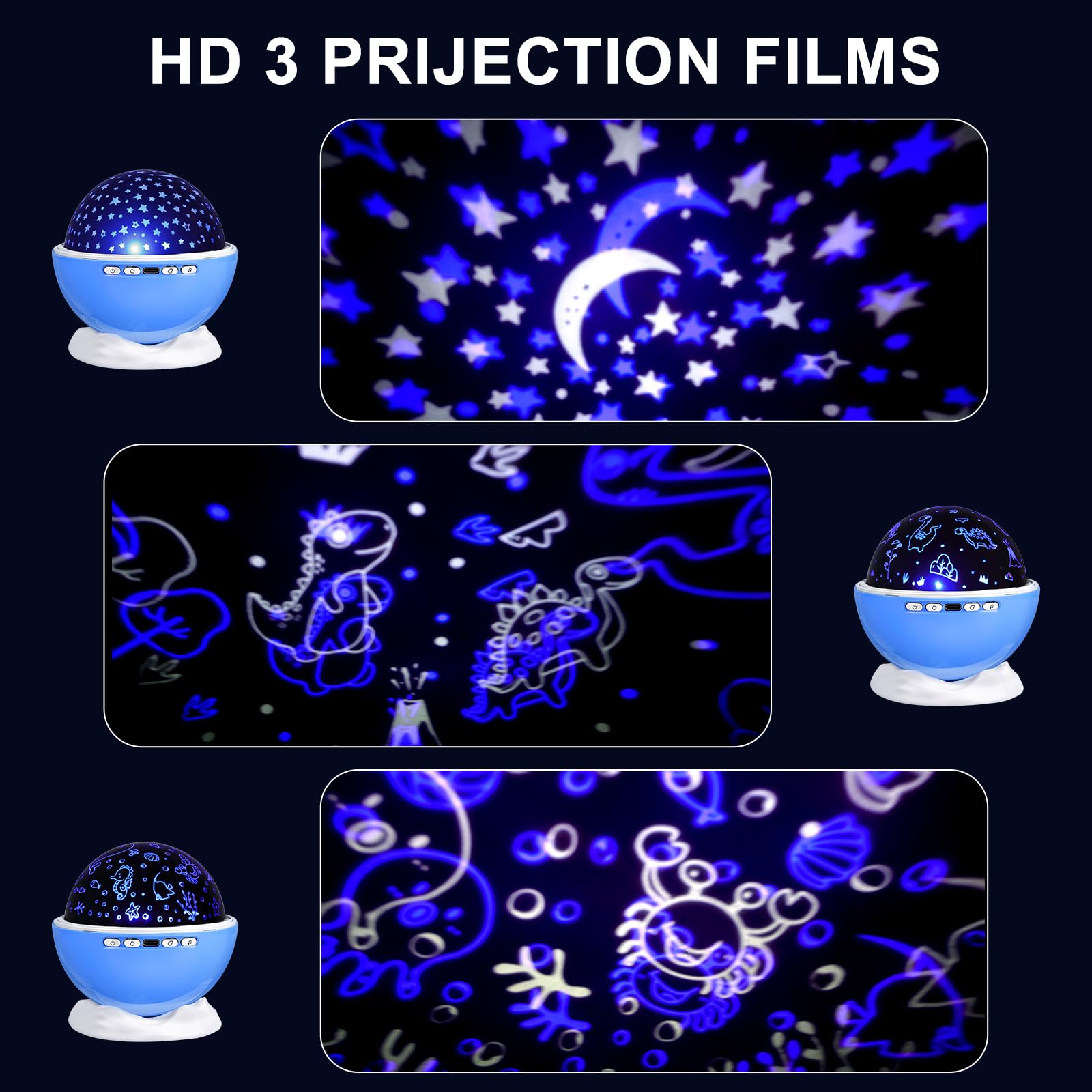 BAISIQILB Night Light Projector with Remote, 360° Rotation, 3 Films, 18 Modes, 8 Lullabies, Blue, Model AK33