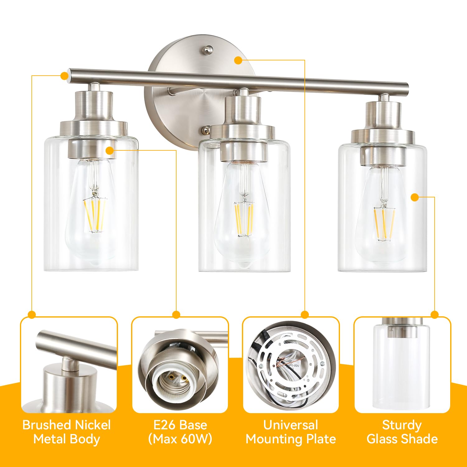 Apenath Modern 3-Light Vanity Wall Sconce, Clear Glass Shade, Brushed Nickel, Ideal for Bathroom, Kitchen, Living Room