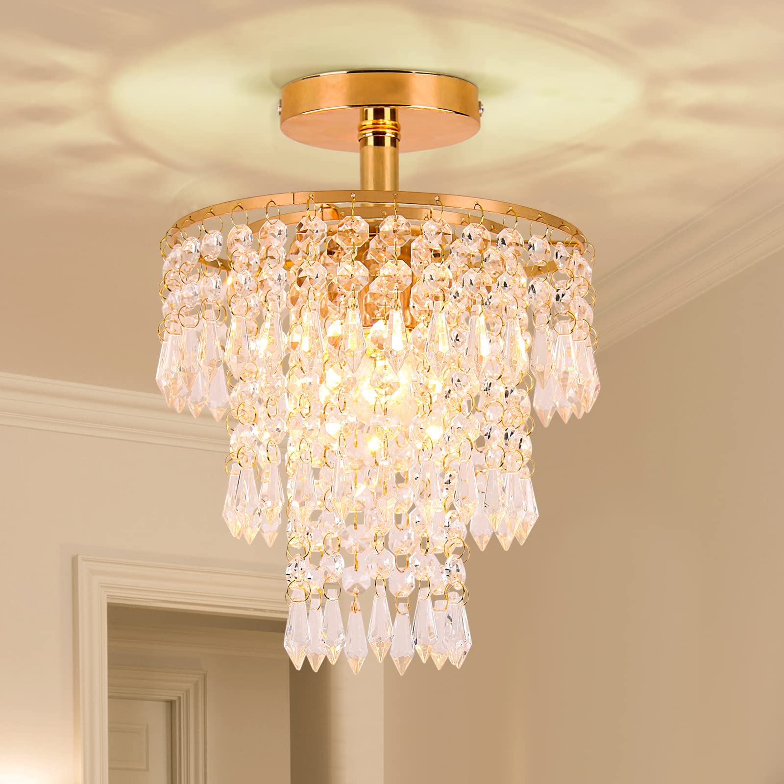 FRIXCHUR Mini Crystal Chandelier Modern Flush Mount Light 3 Tiers H11.4in  Gold E26 Base for Bedroom Living Room Hallway
