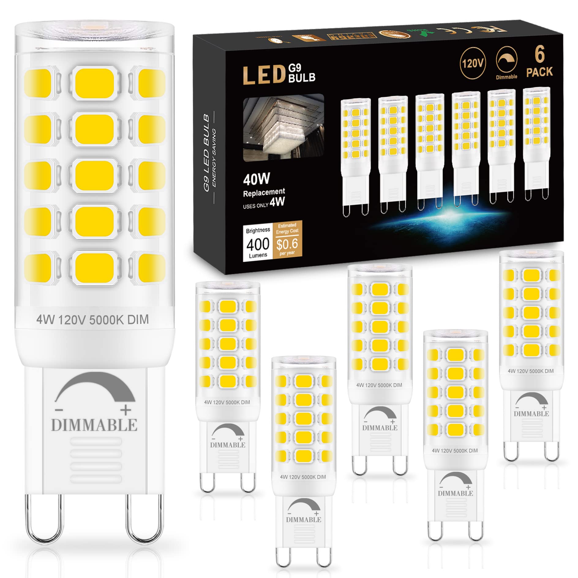 Sailstar 6 Pack Dimmable G9 Led Bulbs 5000K Daylight, T4 G9 4W Replacement For 40 Watts Halogen, Ceramic Bi Pin Base, 120V 400 L