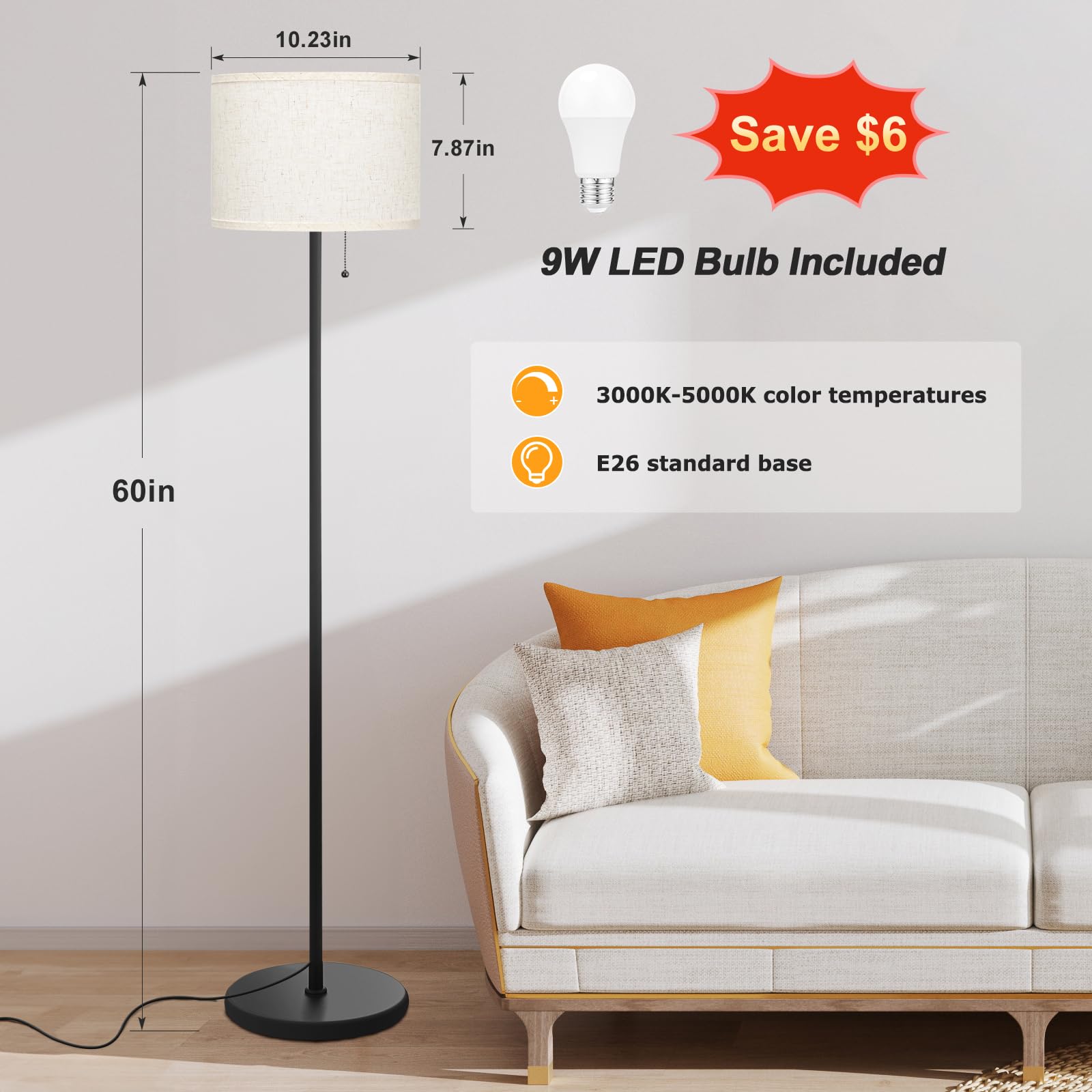 Ambimall Modern Standing Floor Lamp For Living Room & Bedroom With 3 Color Temperatures Bulb & Pull Chain Switch, 60'' Tall With