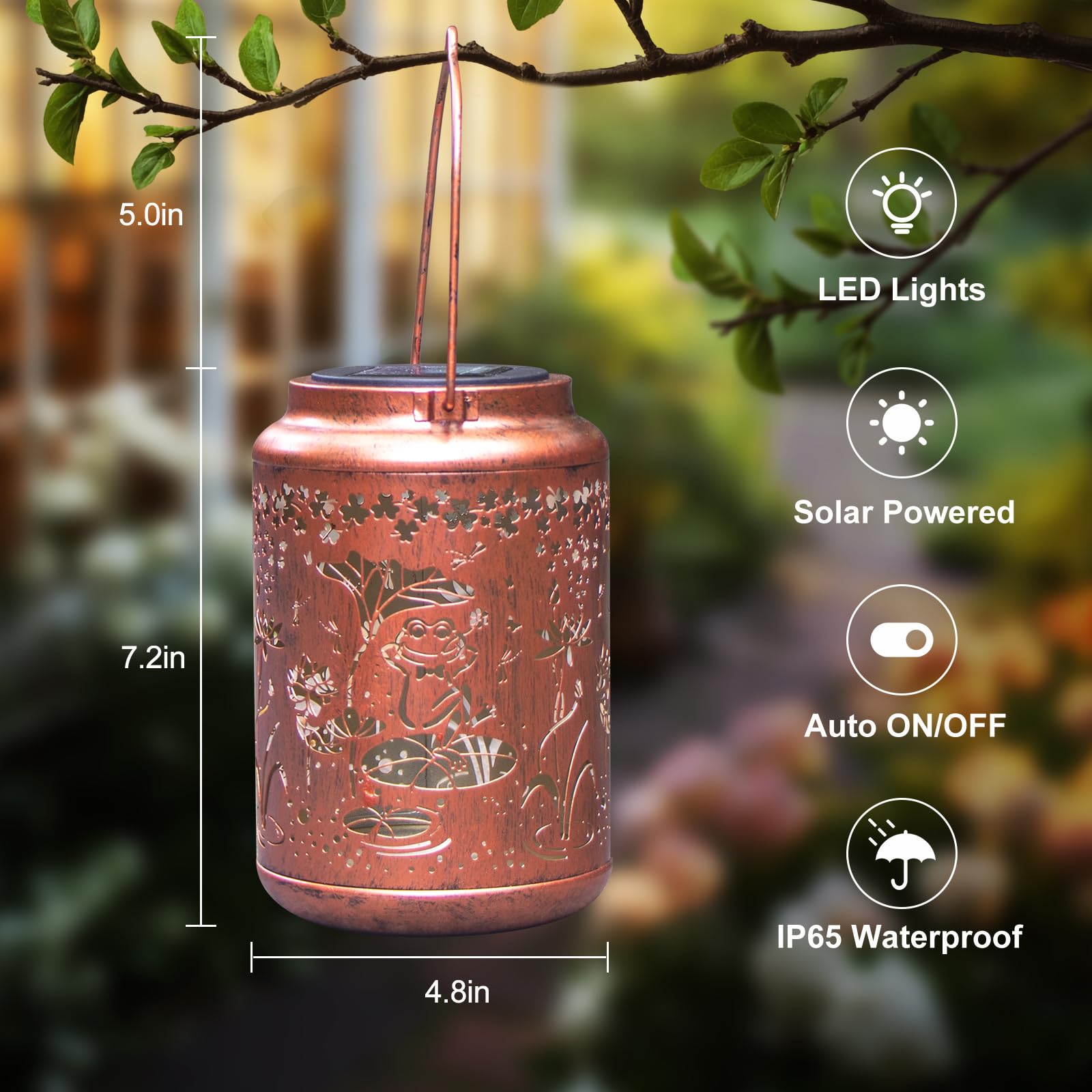 YISITEONE Frog Solar Lanterns 4 Pack, Waterproof Metal Hanging Lights for Garden, Patio, Brown, Model ES04250600009
