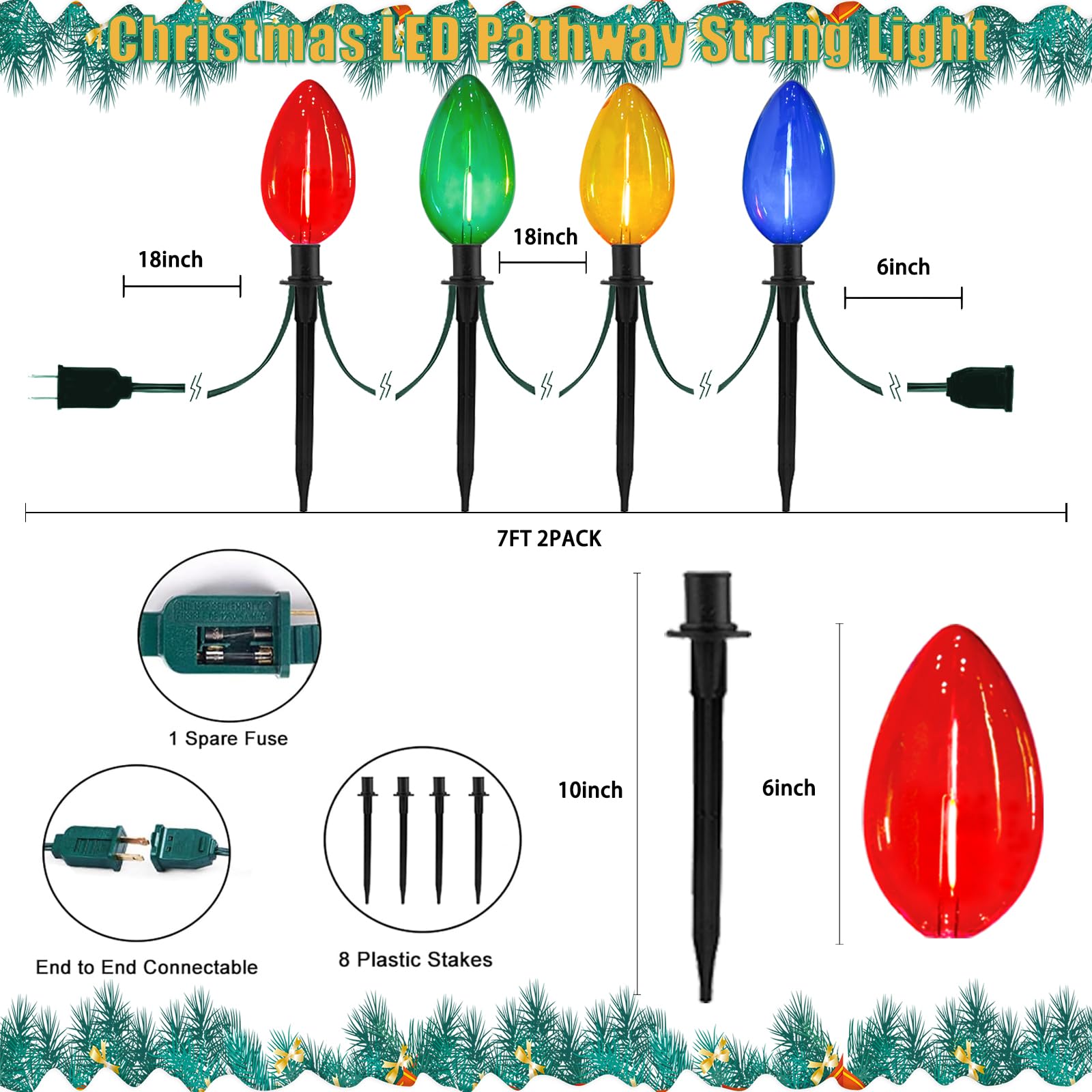 Egcol Jumbo C9 Christmas Pathway Lights Outdoor - 2 Pack Total 14 Ft 8 Led C9 Giant Clear Multicolor Christmas Walkway Lights Fo