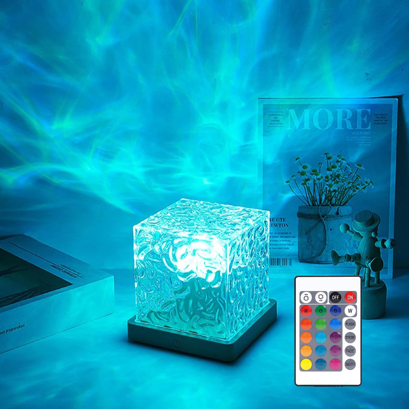 Northern Lights Ocean Wave Projector Light,16 Colors Gradual Rotating Water Cube Lamp,Underwater Projector Light with Remote Con