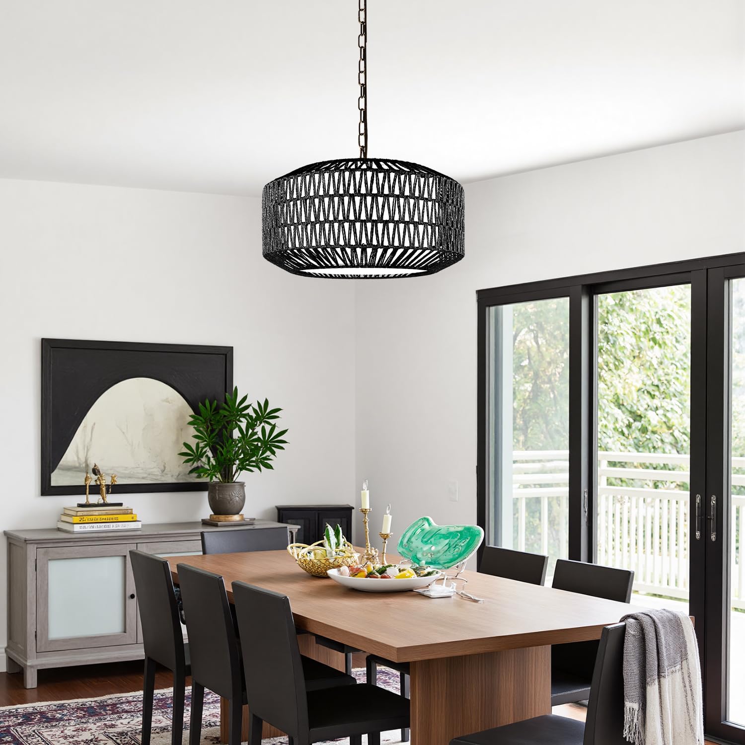 Lynnoland Farmhouse Black Chandelier Light Fixture  5-Light Rustic Boho Chandeliers With Rattan & Linen Shade  Black Hanging Lighting For Dining Room  Kitchen Island  Bedroom (Bulbs Not Included)