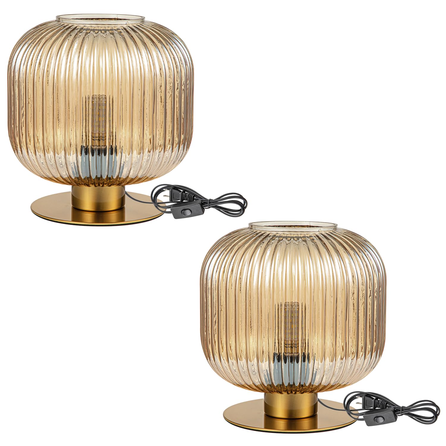 Soutas Mid Century Glass Table Lamps Set of 2, Vintage Table Lamp Gold Bedside Lamp Amber Globe Nightstand Lamp, Side Table Lamp