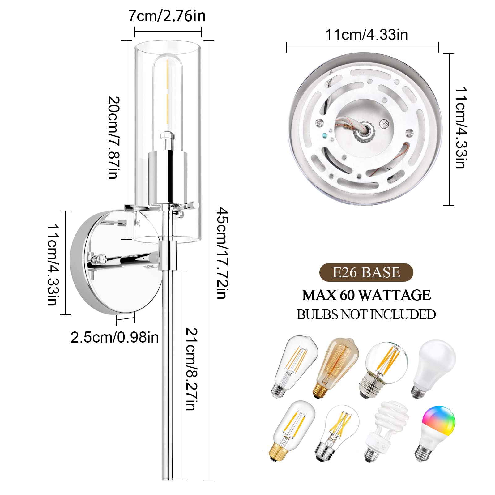 Modern Wall Sconce Set of 2, Chrome Sconce Wall Lighting, Modern Bathroom Vanity Light Fixtures, Metal Wall Sconce with Clear Gl