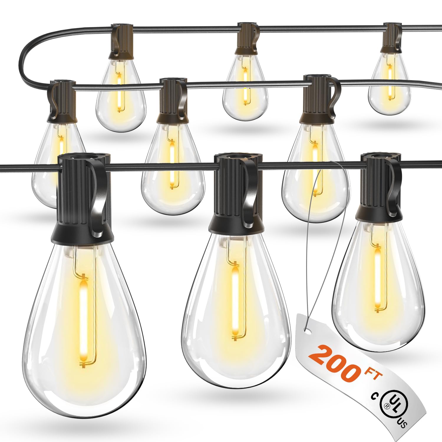 luckystyle 200FT LED Outdoor String Lights with 60+2 Edison Shatterproof Waterproof Bulbs, 2700K Commercial Grade Patio Lights, 