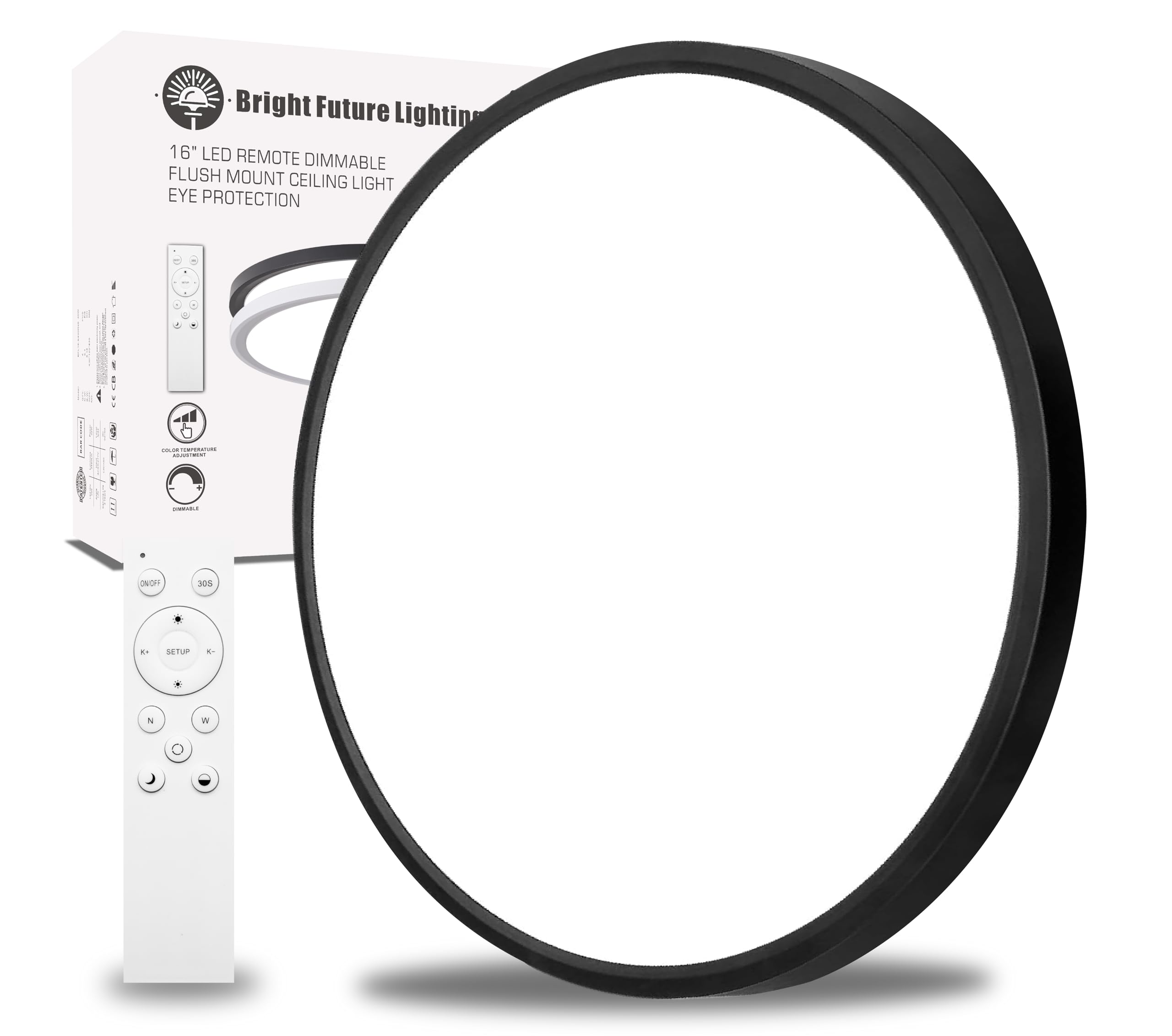 Bright Future Lighting 16 Inch LED Ceiling Light Panel, Dimmable, 32W, 3840LM, Adjustable Color 2700K-6000K, Black, Remote Control