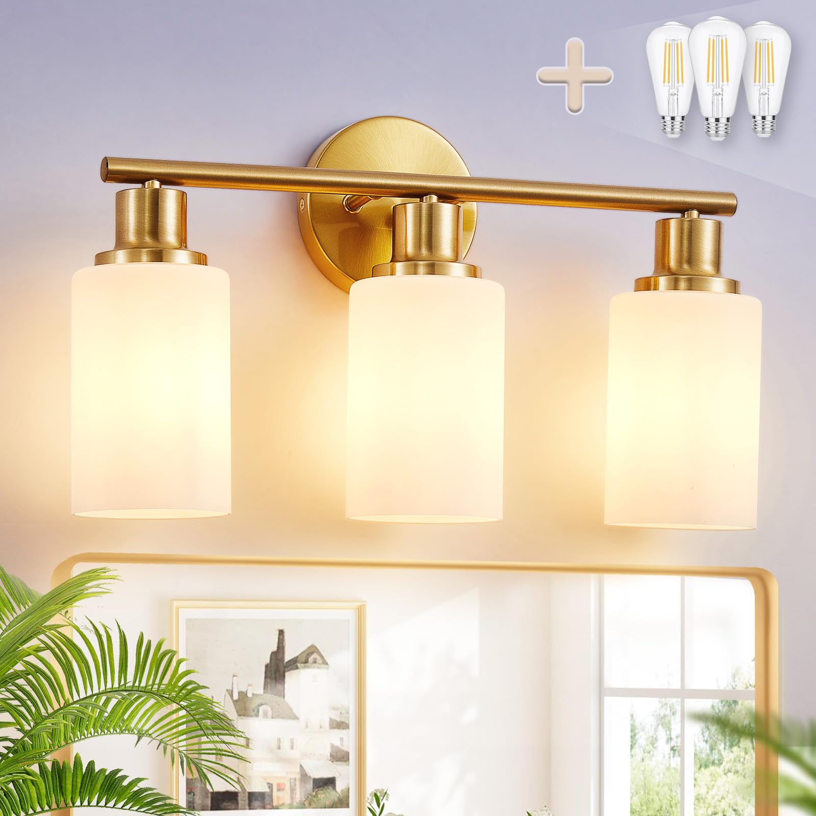 DINGLILIGHTING DLLT 3-Light Bathroom Light Fixtures, Gold Vanity Lights, Milky White Glass Shade, Brushed Gold, Model DLLT-3L-MWBG