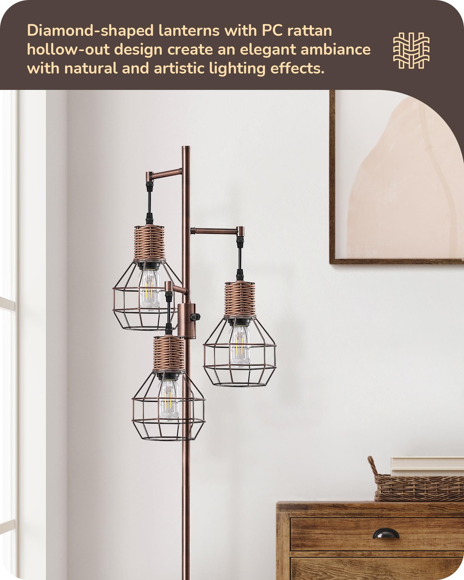 Edishine Dimmable Rustic Floor Lamp, Farmhouse Standing Lamp With 3 Led Edison Bulbs, Rattan Design Floor Lamps For Living Room,