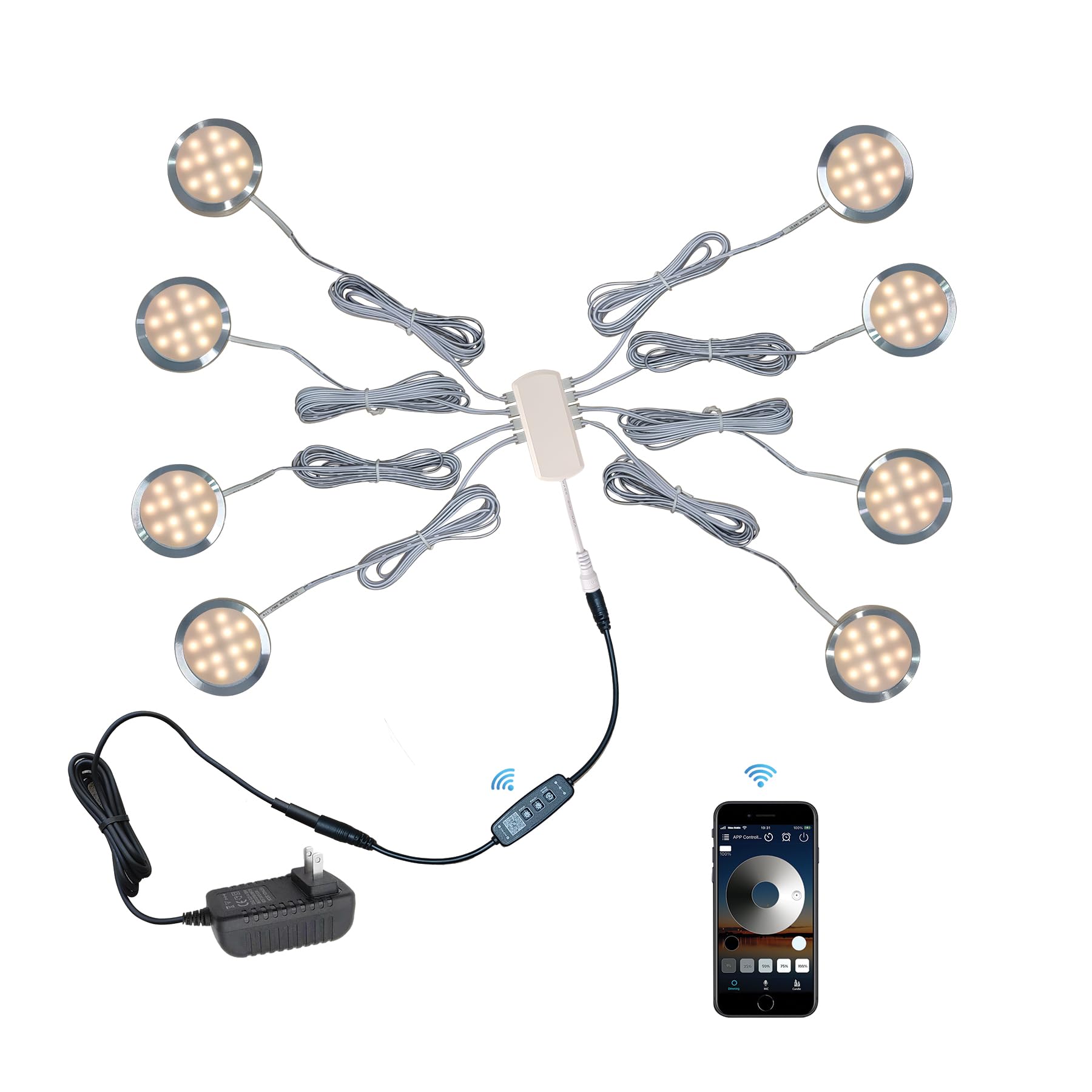 CRISETEK Puck Lights 8 Packs Bluetooth APP Smart Control Dimmable Tact Switch Under Cabinet Light Cabinet Lighting Cabinet Lights DC 12V Adaptor (Warm White, APP 8Pack)