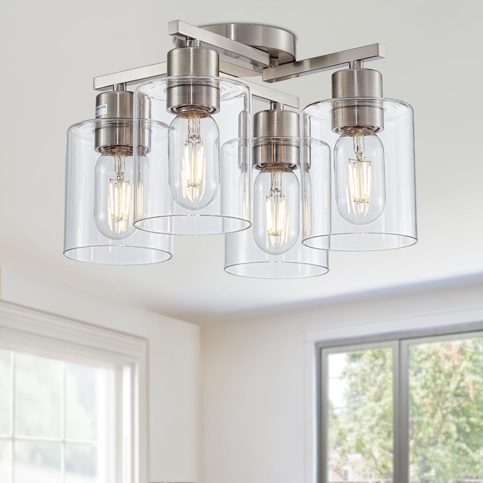 DIDUIO Semi Flush Mount Ceiling Light Kitchen Lighting Fixtures Ceiling Brushed Nickel Kitchen Cieling Light Fixtures with Clear